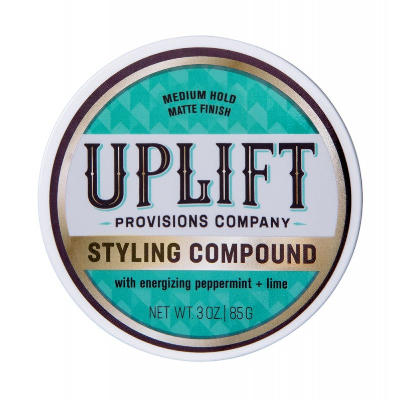 Uplift Provisions Company styling compound with matte finish in teal and white packaging