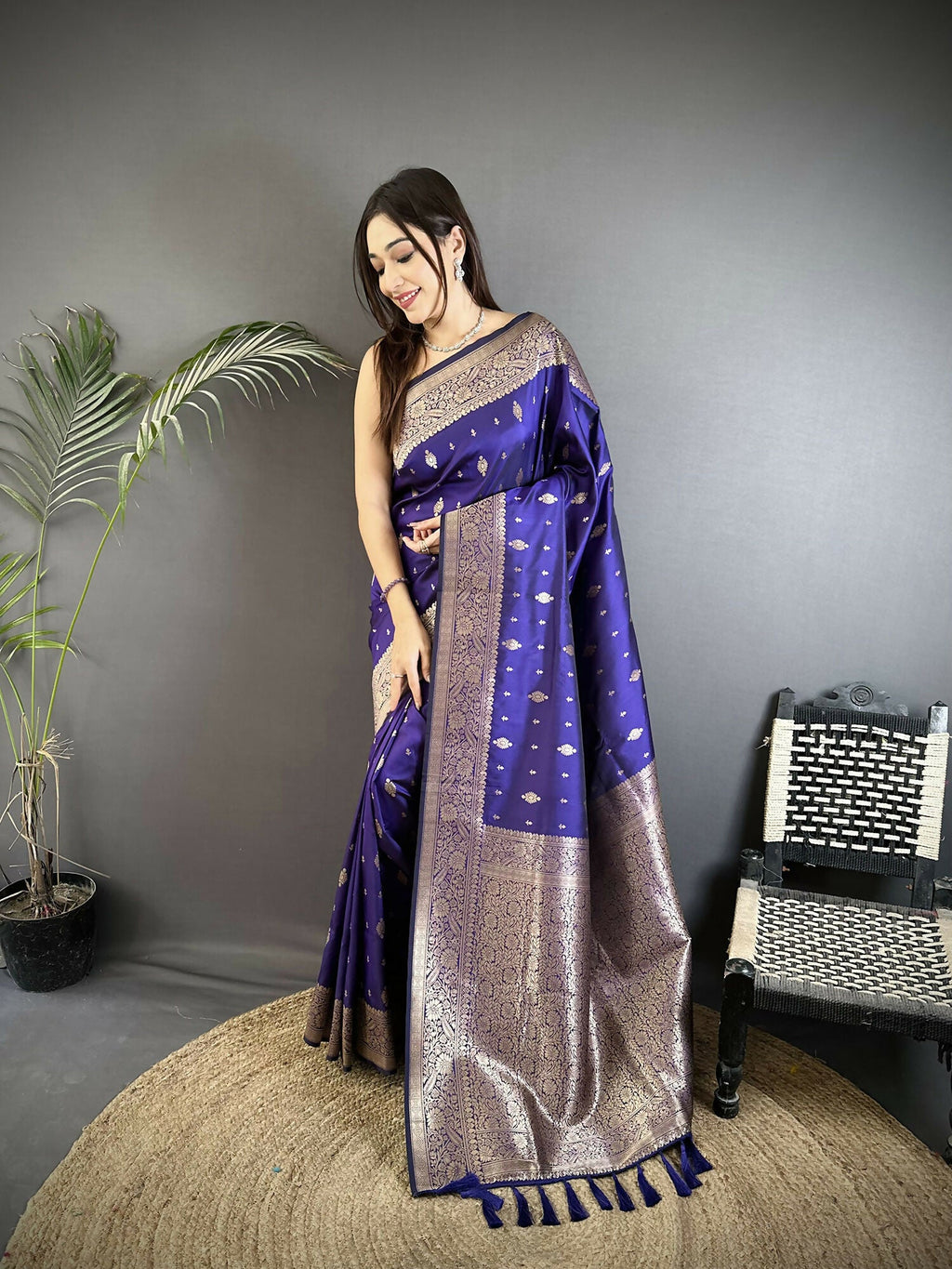 Royal Blue Banarasi Lichi silk saree with intricate Zari weaving motifs