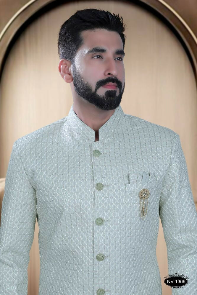 Boys Green Silk Embroidered Kurta with Comfortable Polo Pyjamas