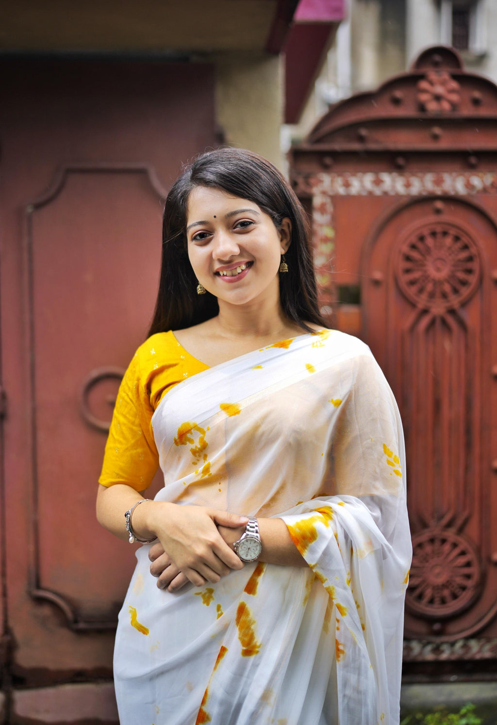 Yellow Poly Georgette Tie and Dye Saree with Zari Blouse