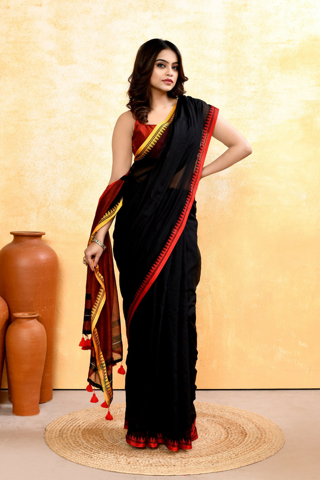 Black Handloom Cotton Saree with Elegant Embellishments