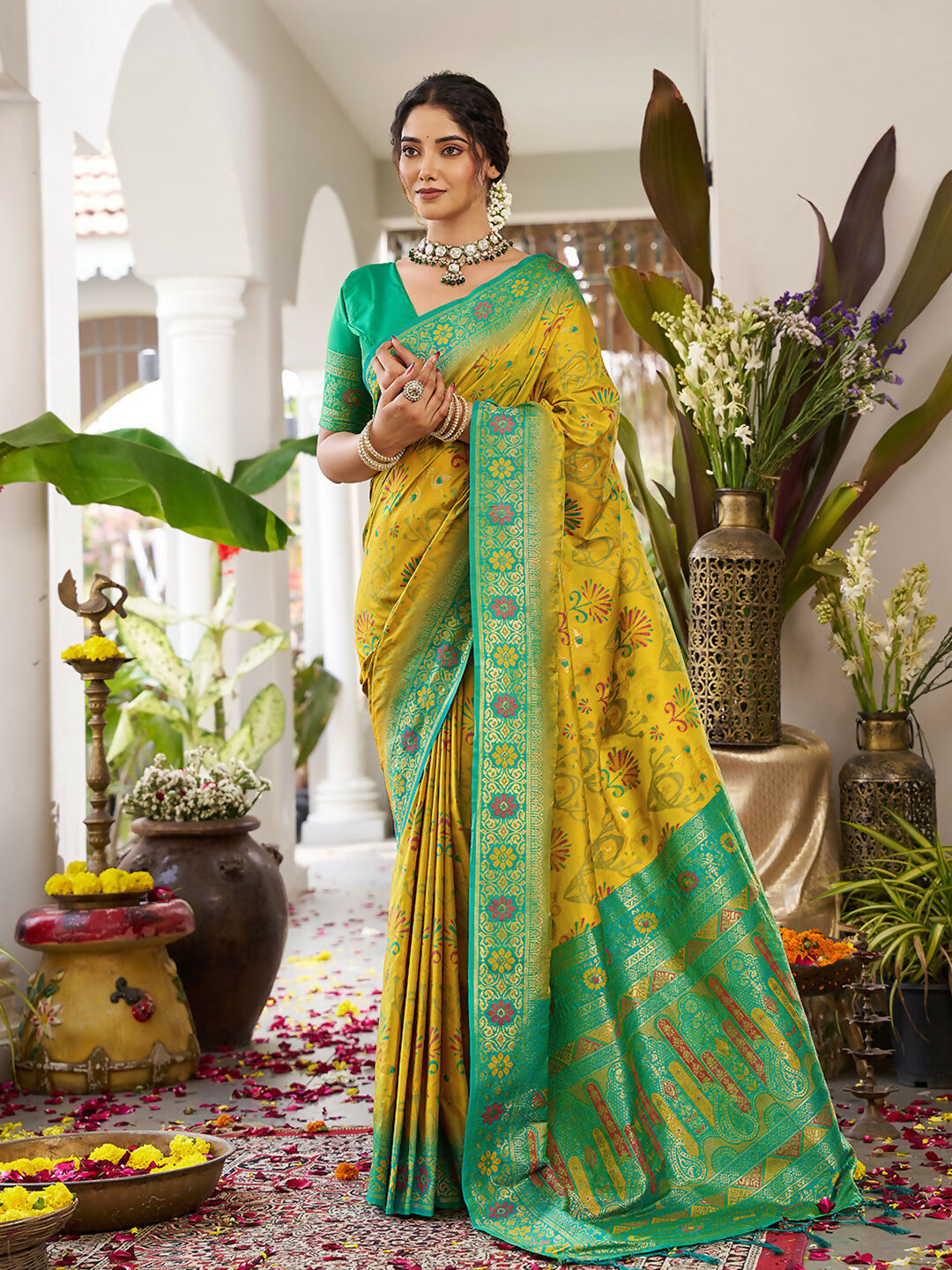 Vibrant mustard yellow soft silk saree with matching blouse fabric