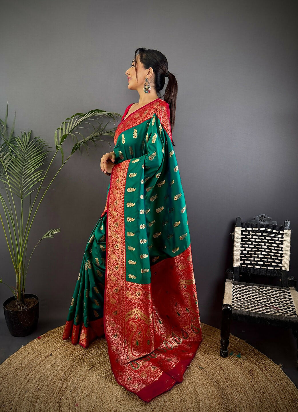 Rama Green Banarasi Soft Silk Saree with Woven Butti
