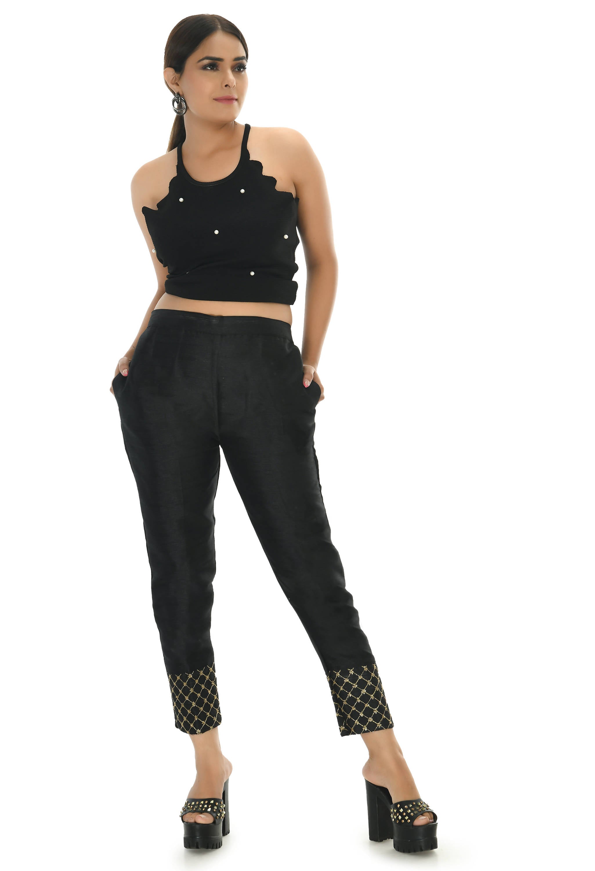 Women's Black Moeza Silk Ankle Pant Slip-On Trousers
