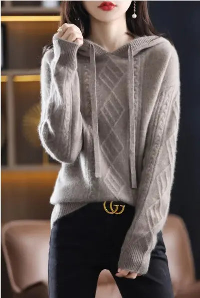 Women's Cozy Hooded Cable Knit Sweater Long Sleeve Pullover - Image 6