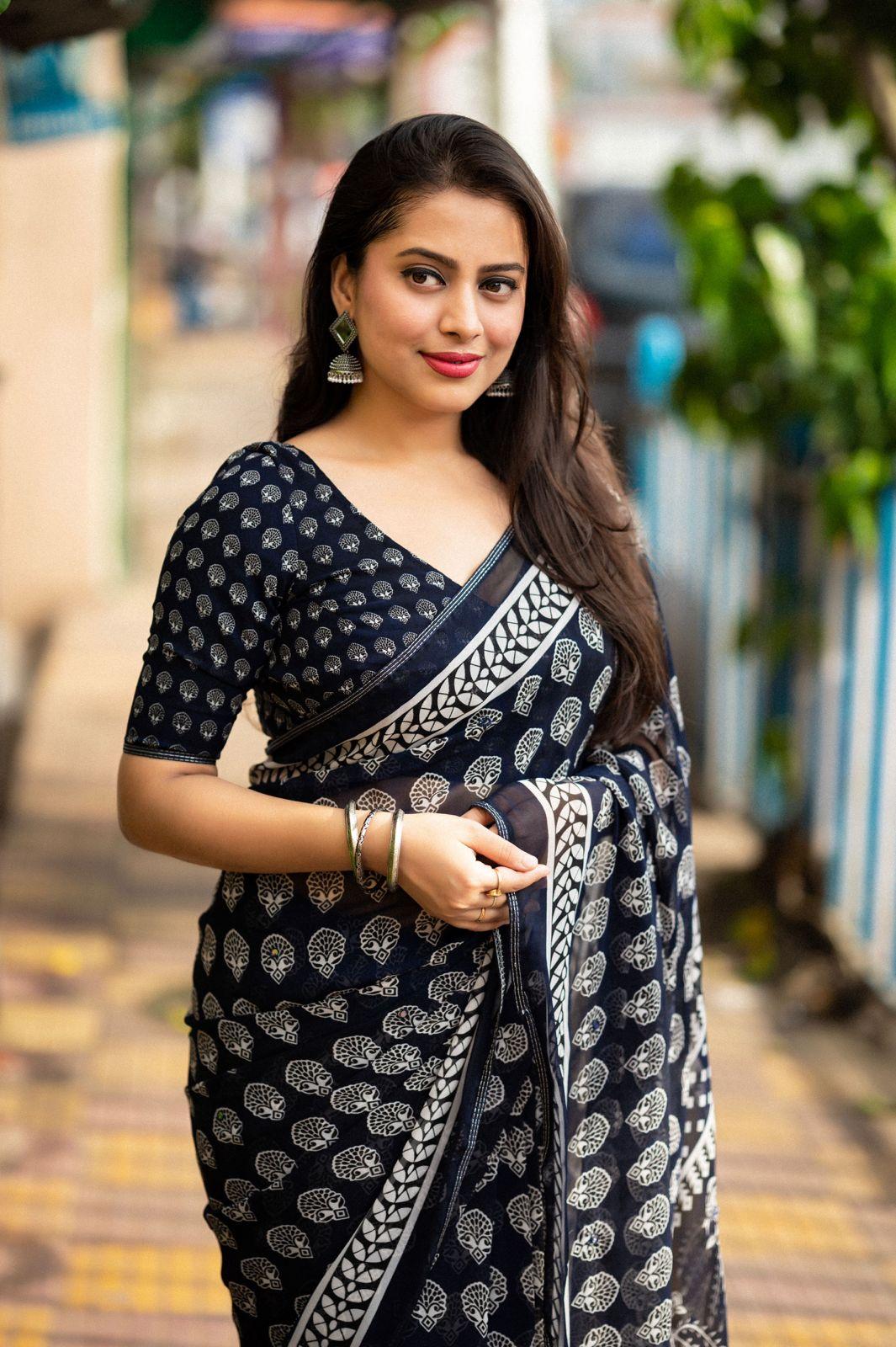 Navy Blue Poly Georgette Ajrak Saree with Mirror Detailing