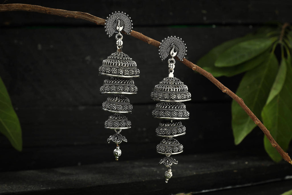 Elegant Peacock Motif Silver Colour Statement Earrings