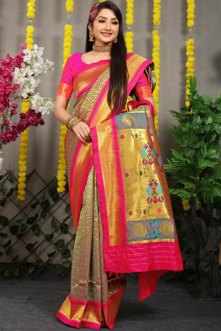 Women's Grey Banarasi Silk Saree with Contrast Pink Blouse