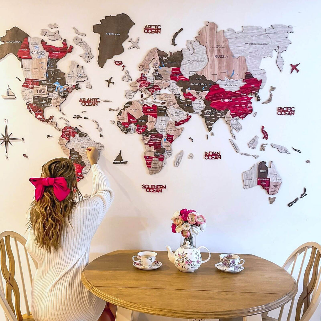 Colorful 3D Wooden World Map Urban style with geographic labels