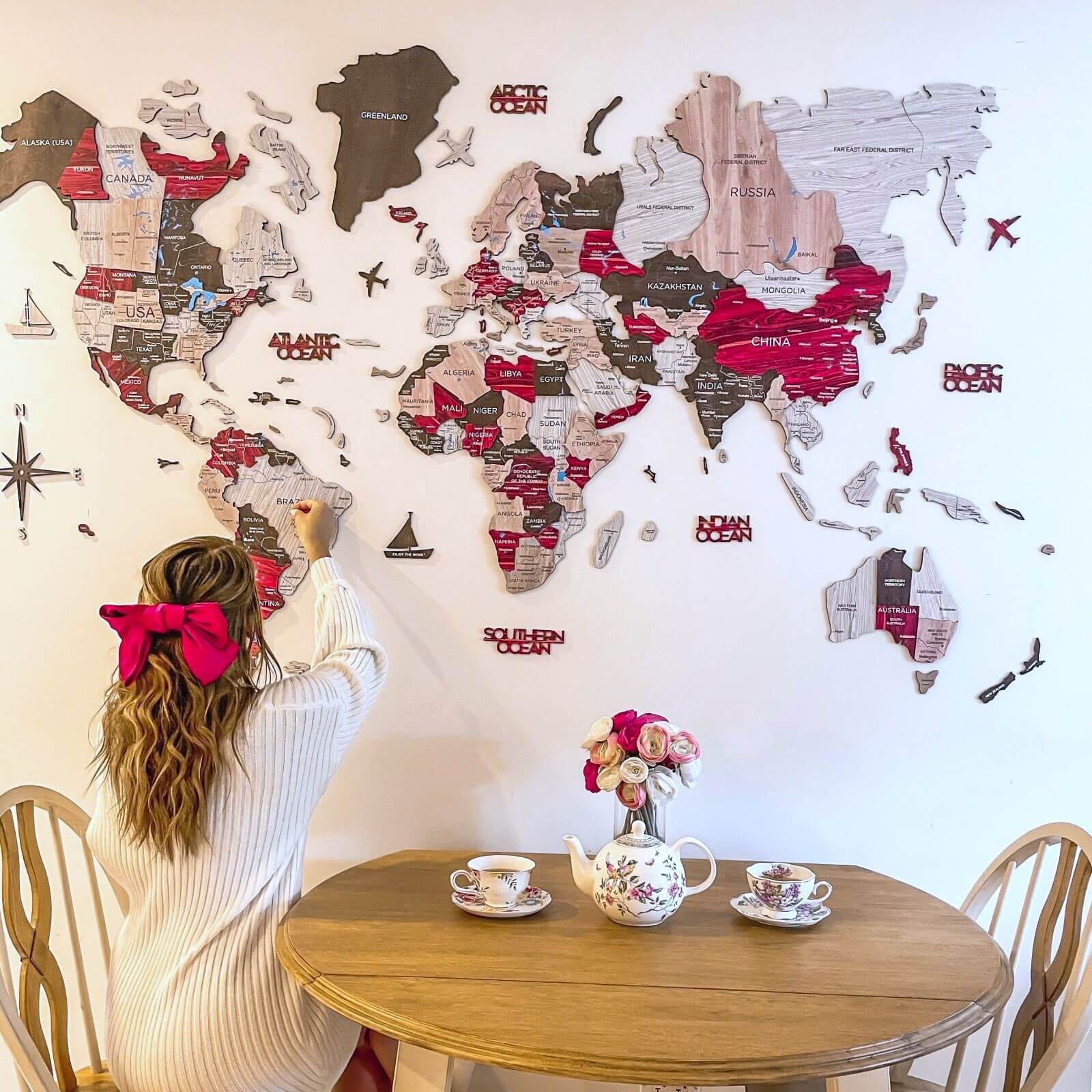 Colorful 3D Wooden World Map Urban style with geographic labels
