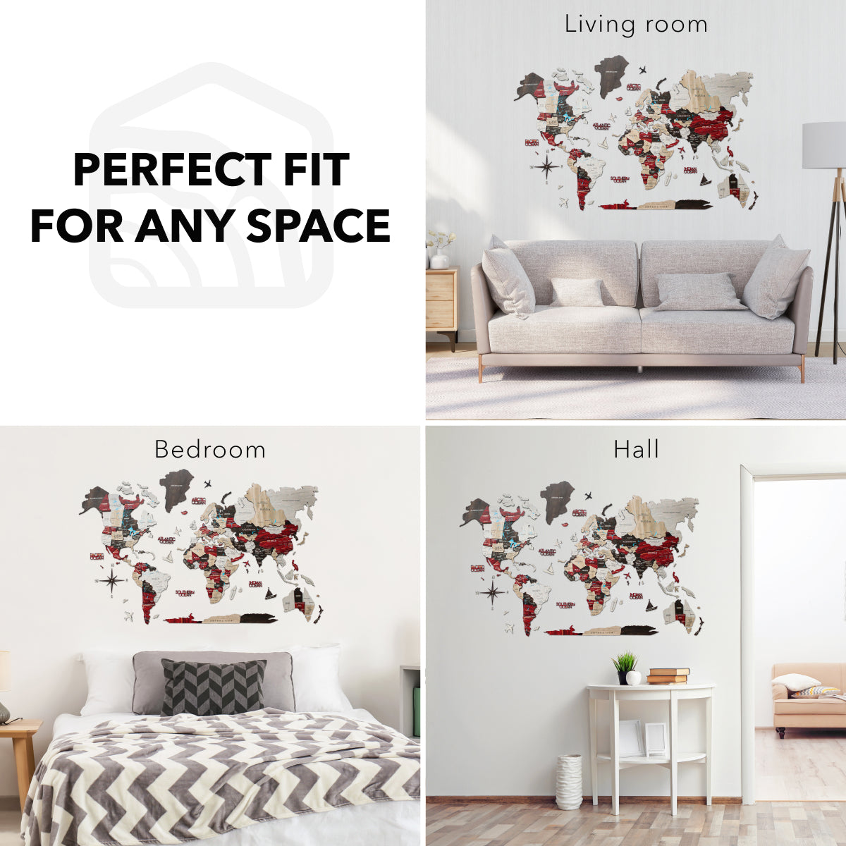3D Wooden World Map Urban Multicolor Modern Wall Art