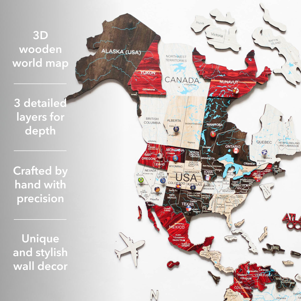 3D Wooden World Map Urban Multicolor Modern Wall Art