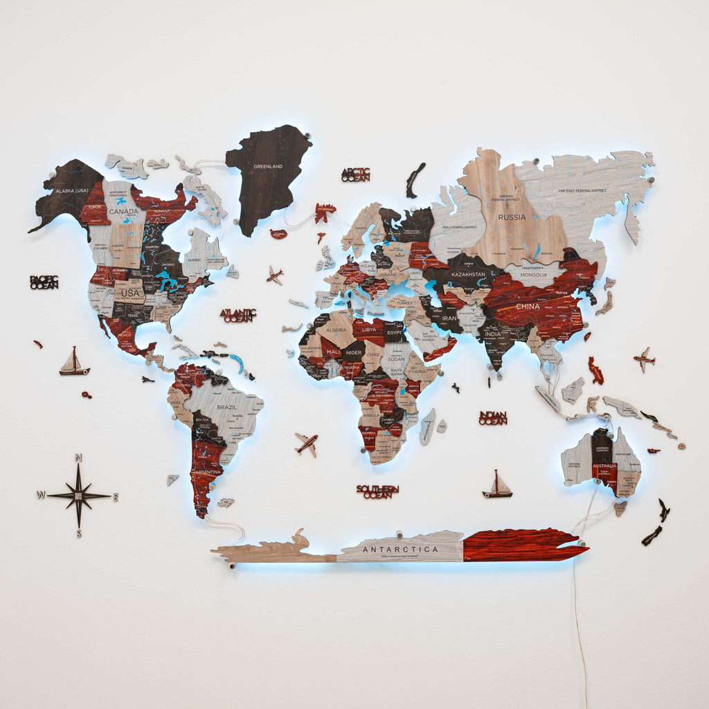 3D LED Luminous Wooden World Map 3.0 Urban Wall Art