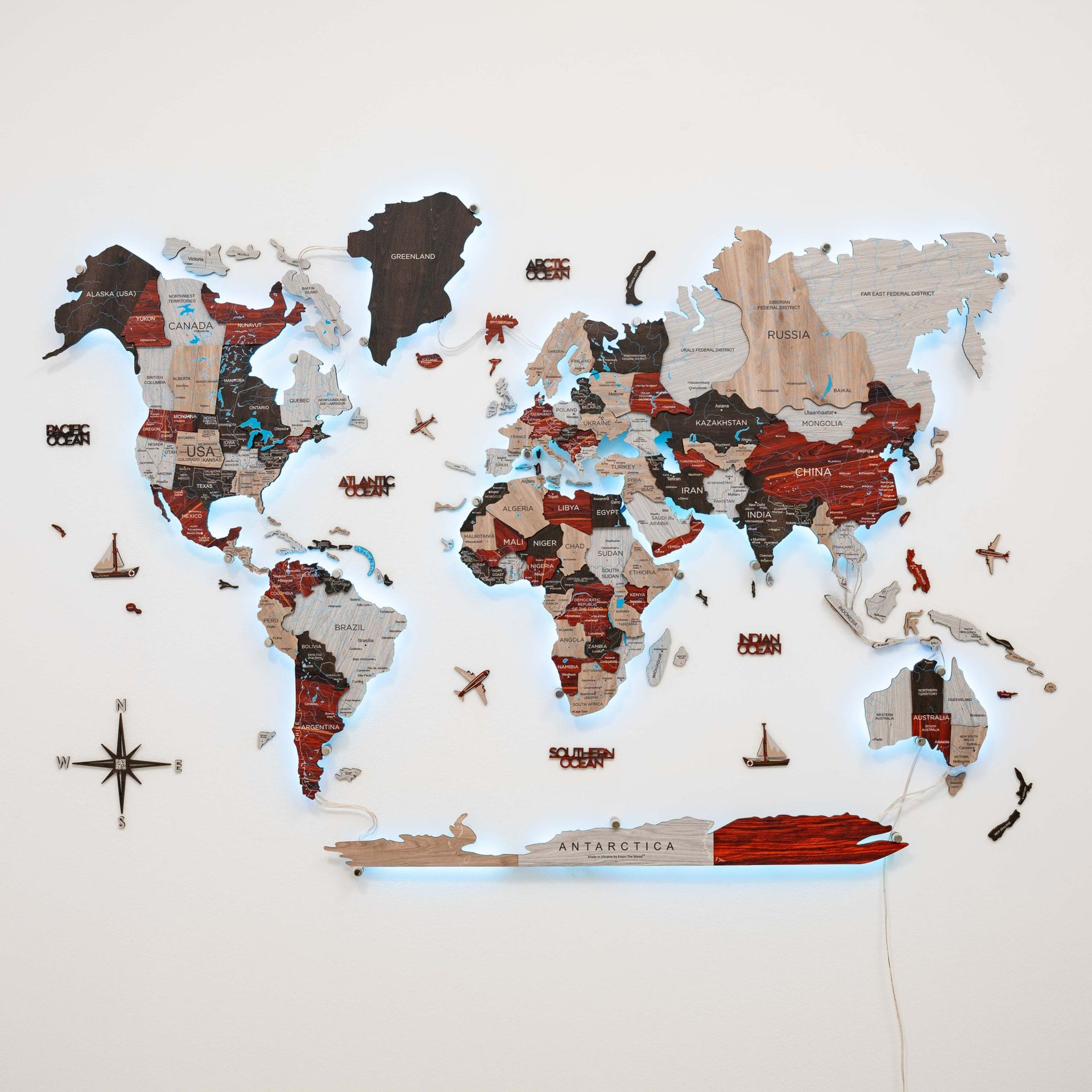 3D LED Luminous Wooden World Map 3.0 Urban Wall Art
