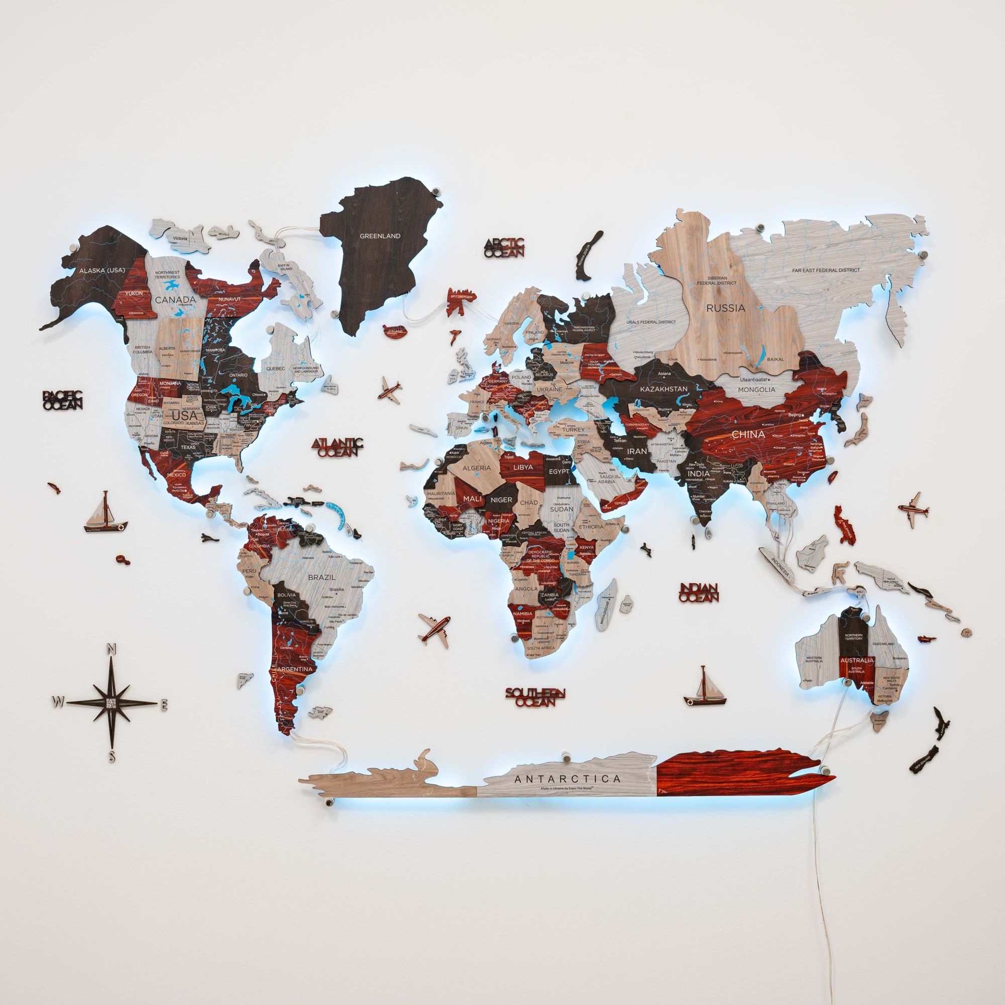 3D LED Luminous Wooden World Map 3.0 Urban Wall Art