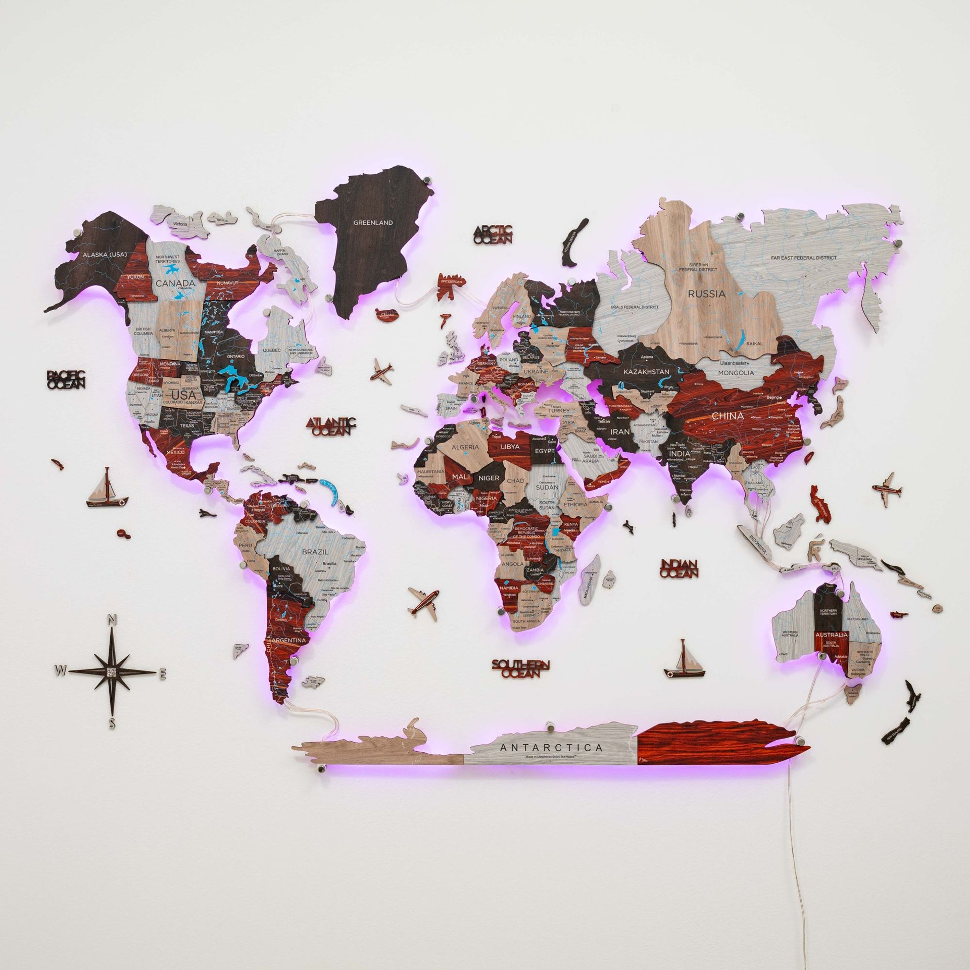 3D LED Luminous Wooden World Map 3.0 Urban Wall Art