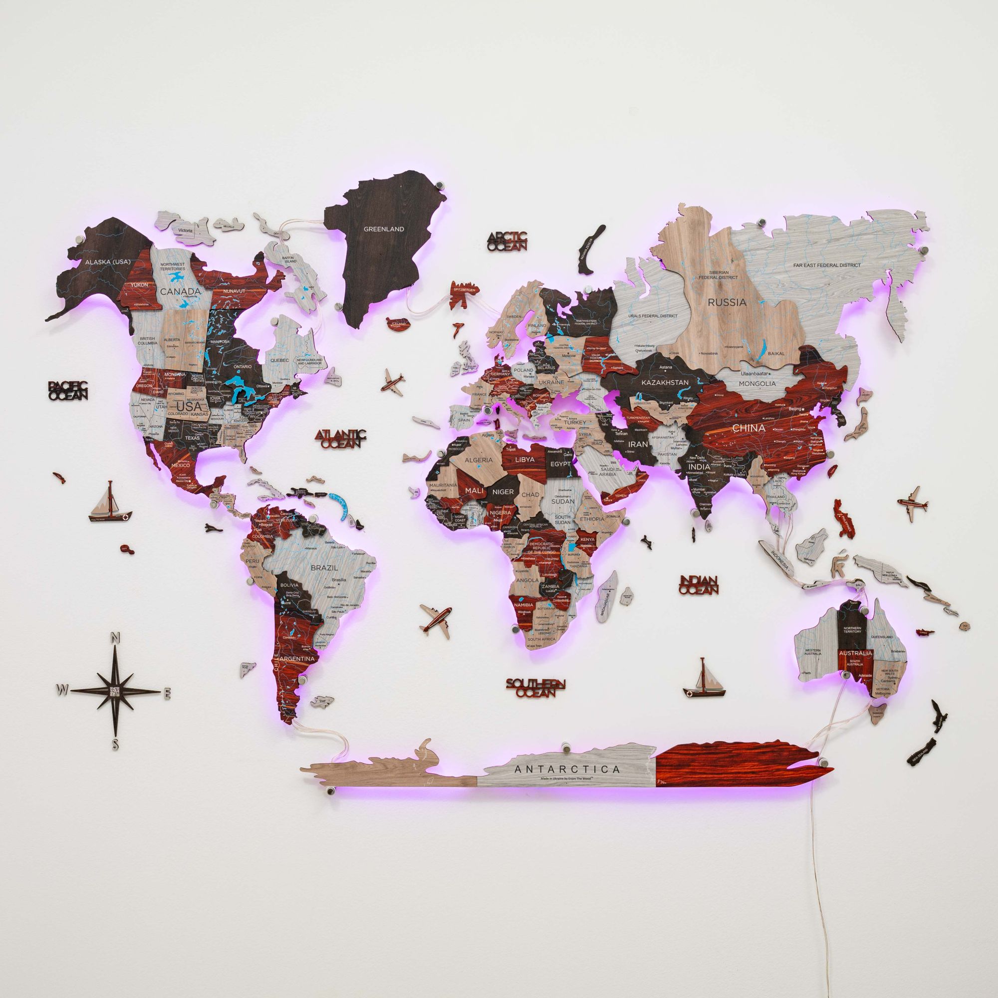 3D LED Luminous Wooden World Map 3.0 Urban Wall Art