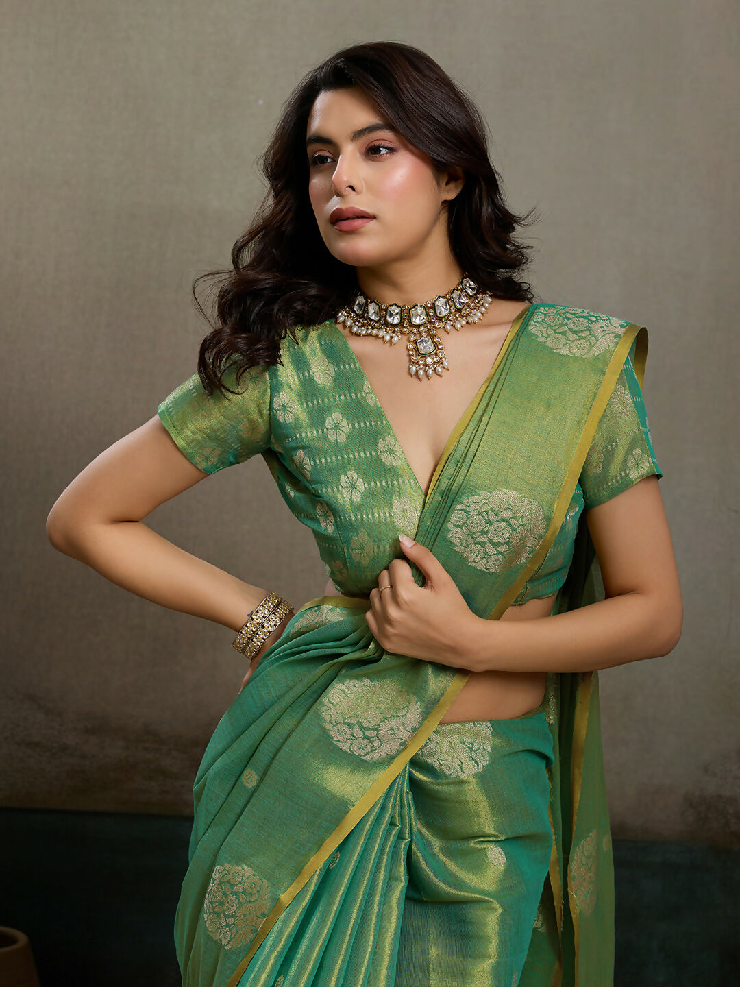 Green Tissue Silk Saree with Matching Elegant Blouse