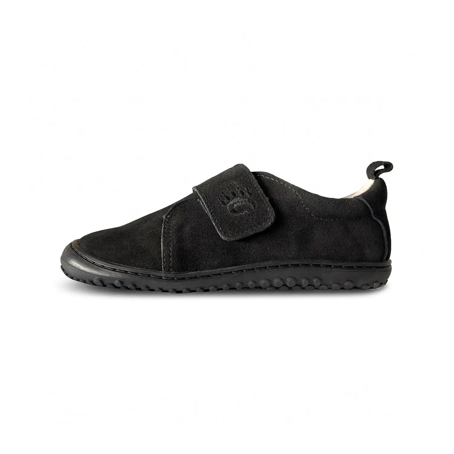 Black suede Bearfoot Ursa shoes for kids with wide toe box and flexible barefoot sole