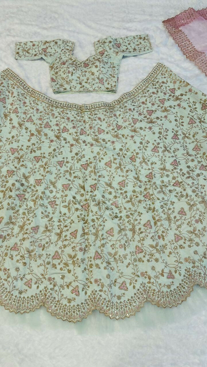 Sea Green Mulberry Silk Lehenga Choli with Ruffle Detail