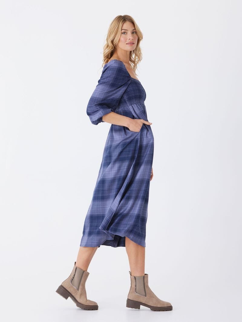 Faye Sierra Plaid Woven Midi Dress in Blue and Navy