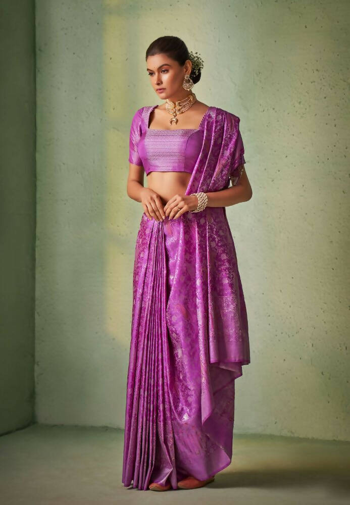 Violet Kanjivaram Silk Saree with Elegant Weaving Work & Tassels