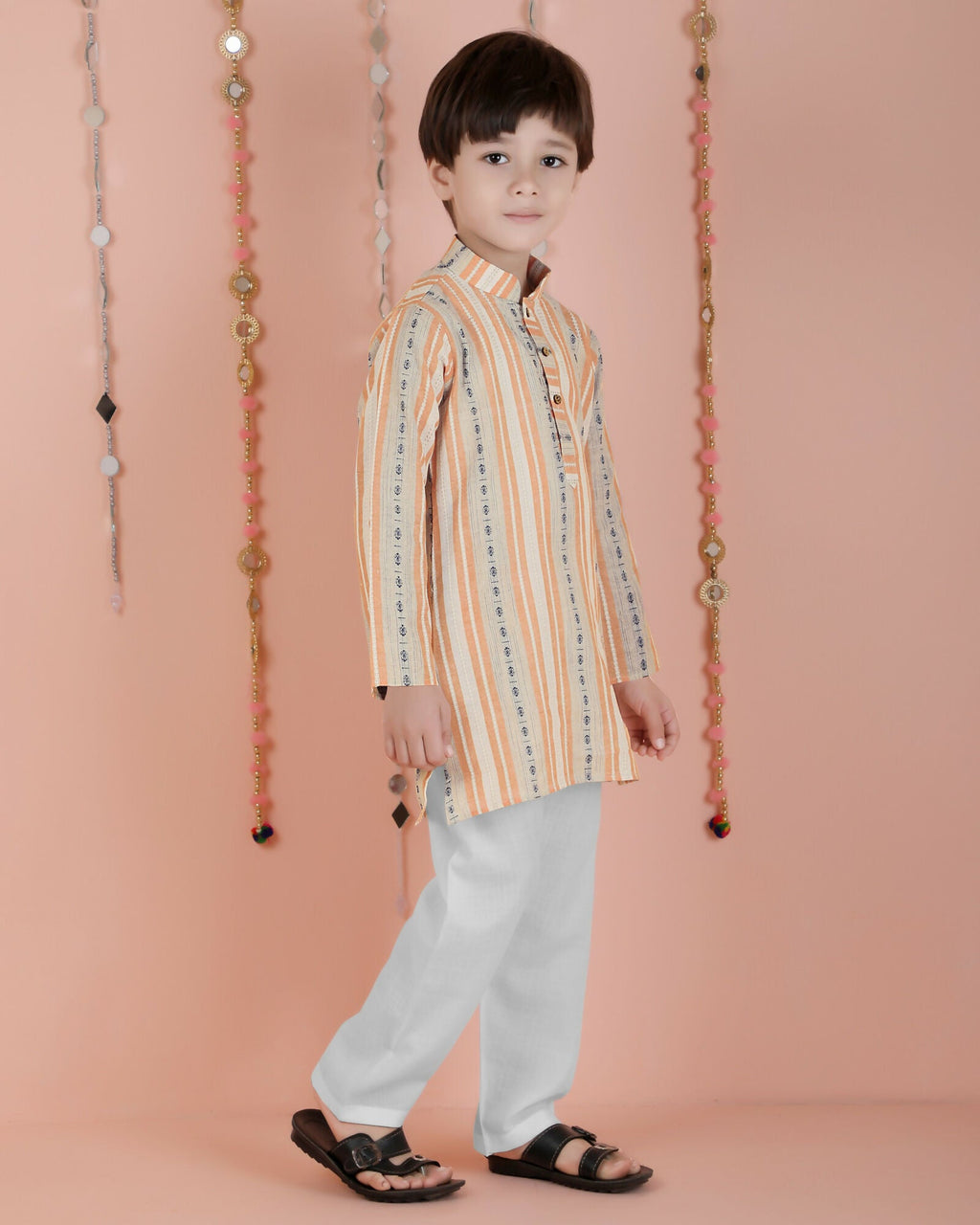 Kids Orange Striped Cotton Kurta and Pyjama Set - Full Sleeves
