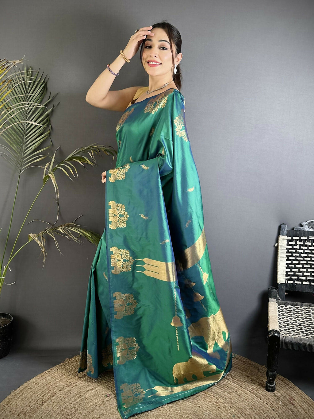Dark Teal Soft Silk Banarasi Saree with Zari Weaving and Motifs