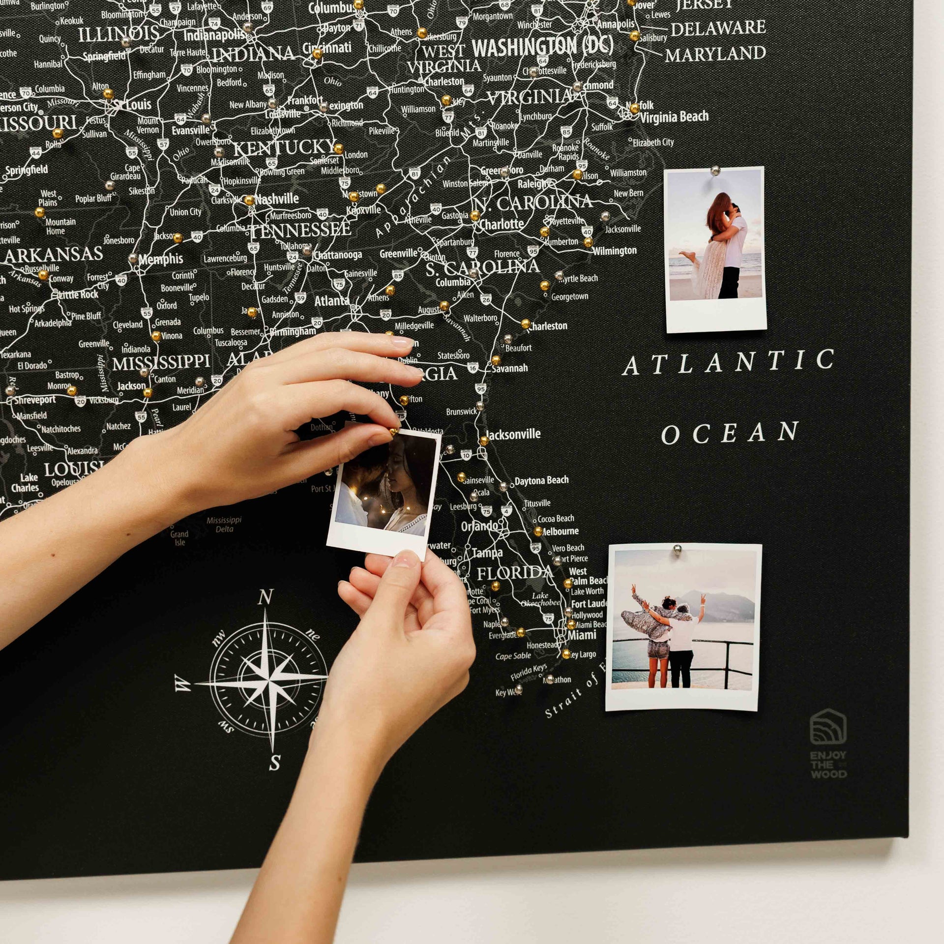 Black Wooden USA Map Canvas Wall Art for Travel Push Pins