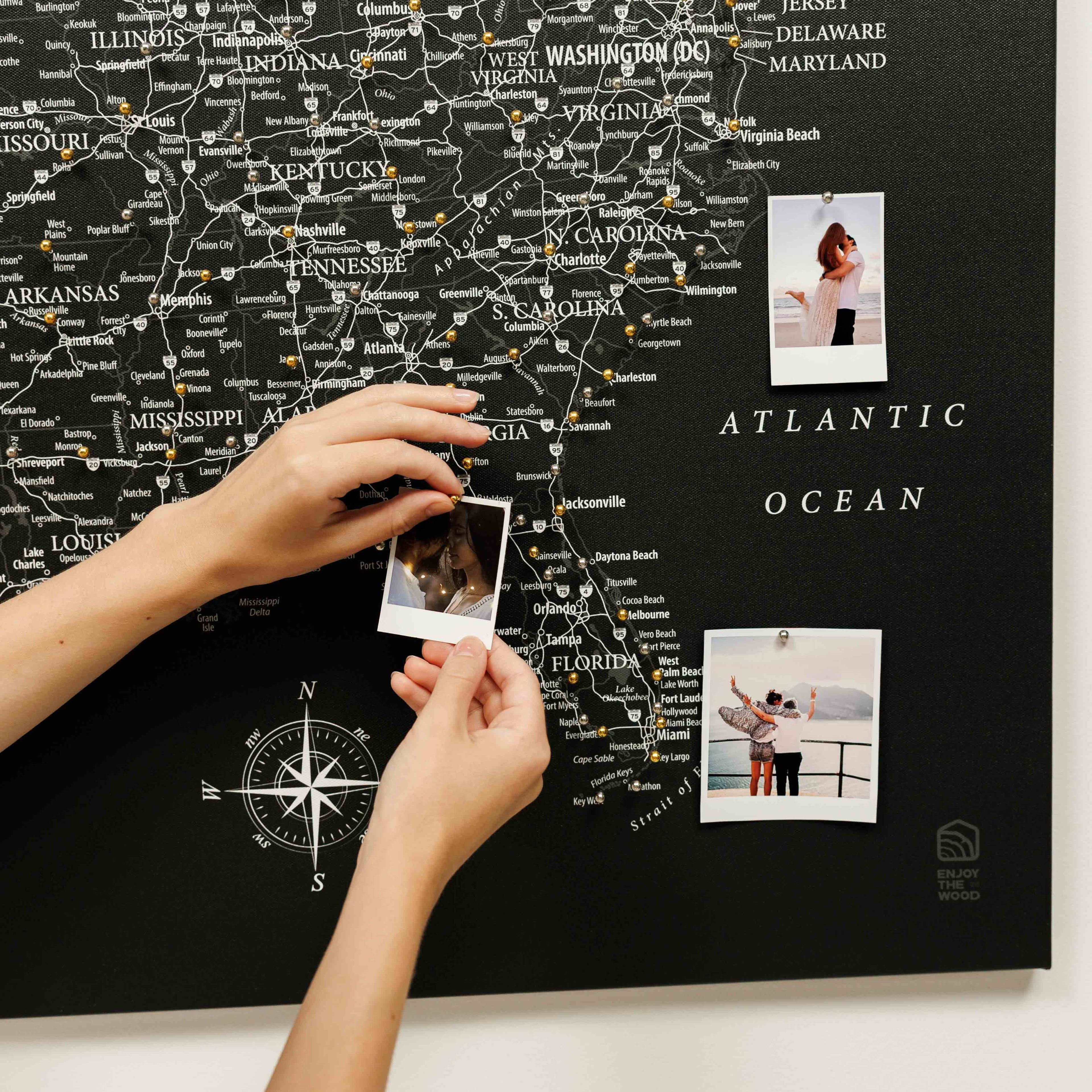 Black Wooden USA Map Canvas Wall Art for Travel Push Pins