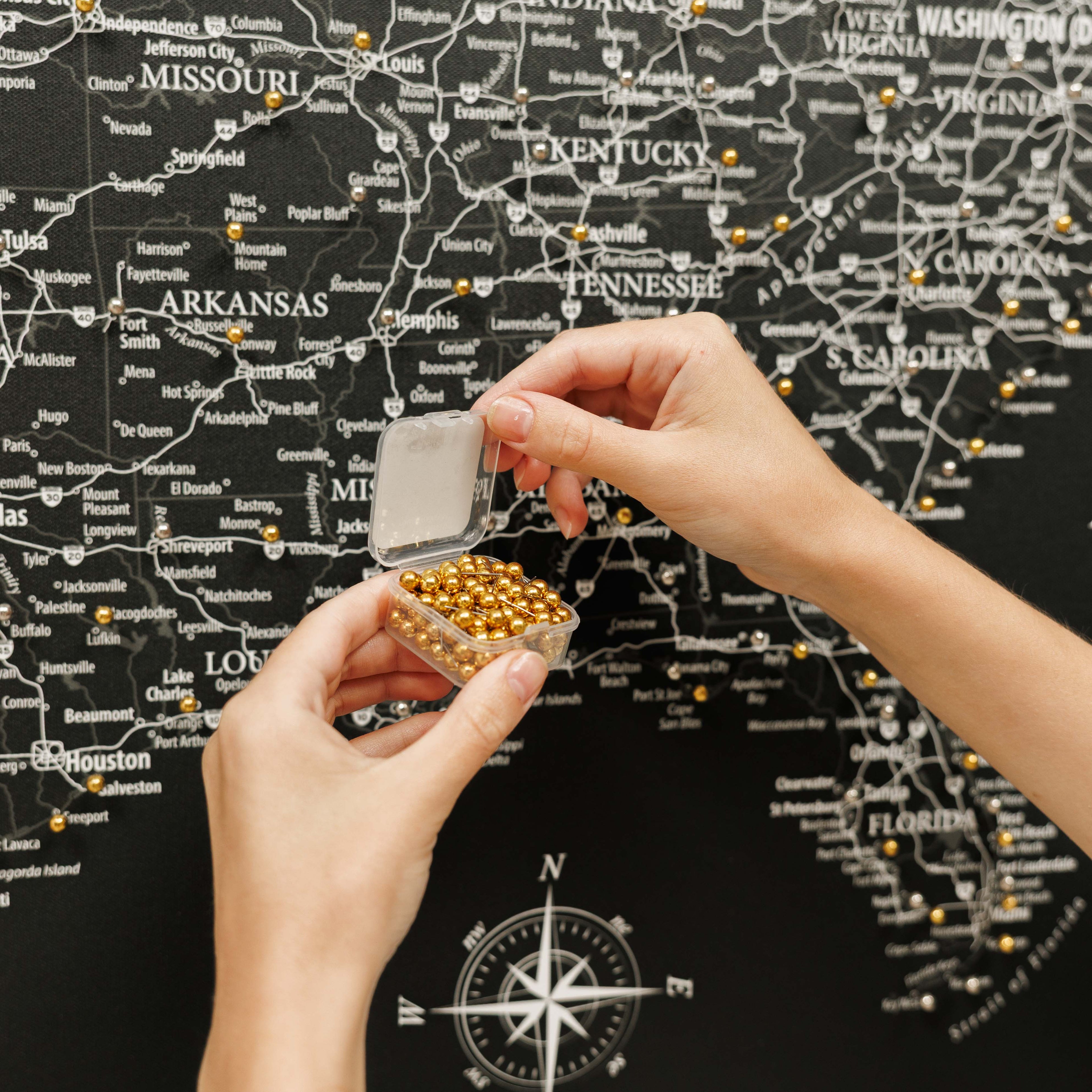 Black Wooden USA Map Canvas Wall Art for Travel Push Pins