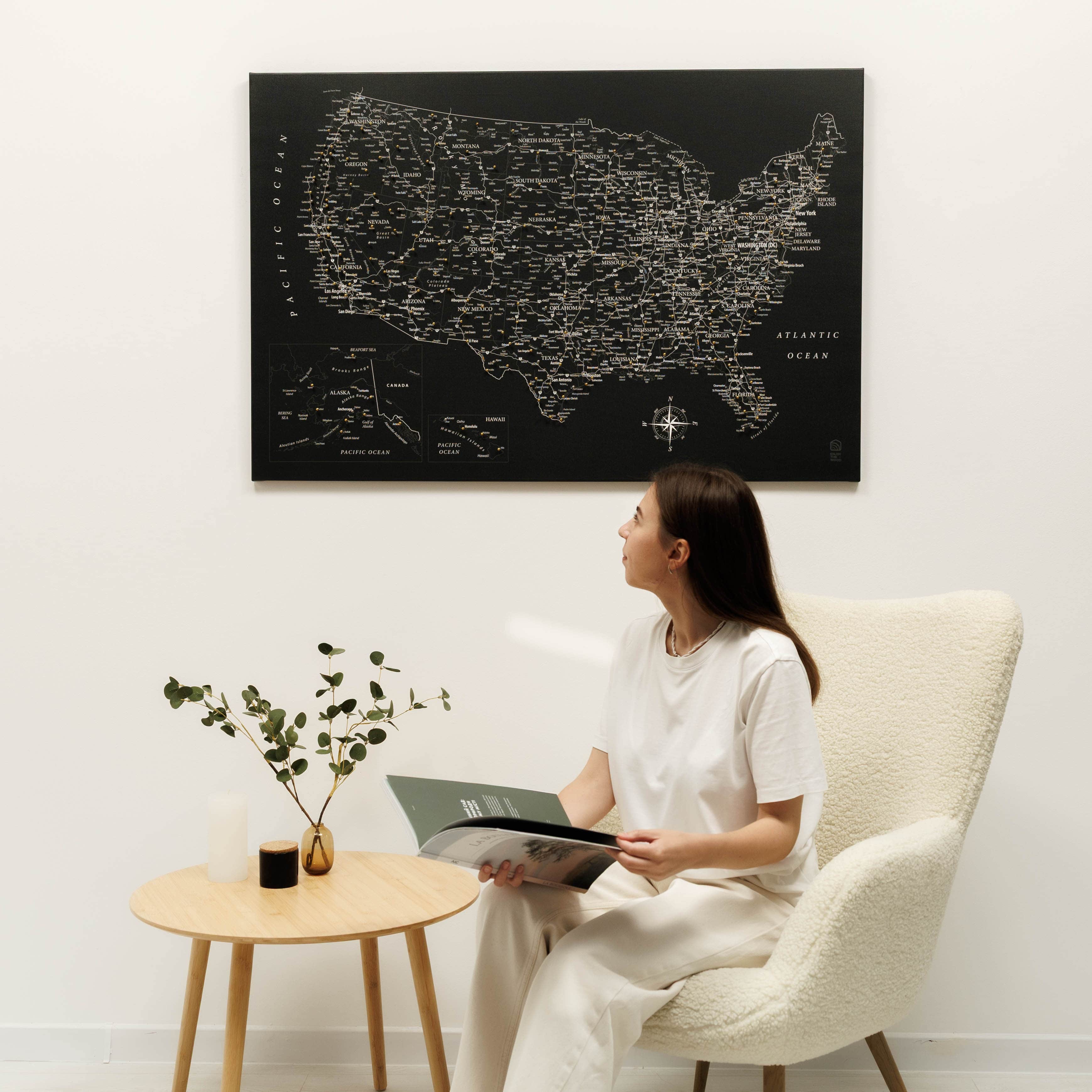 Black Wooden USA Map Canvas Wall Art for Travel Push Pins