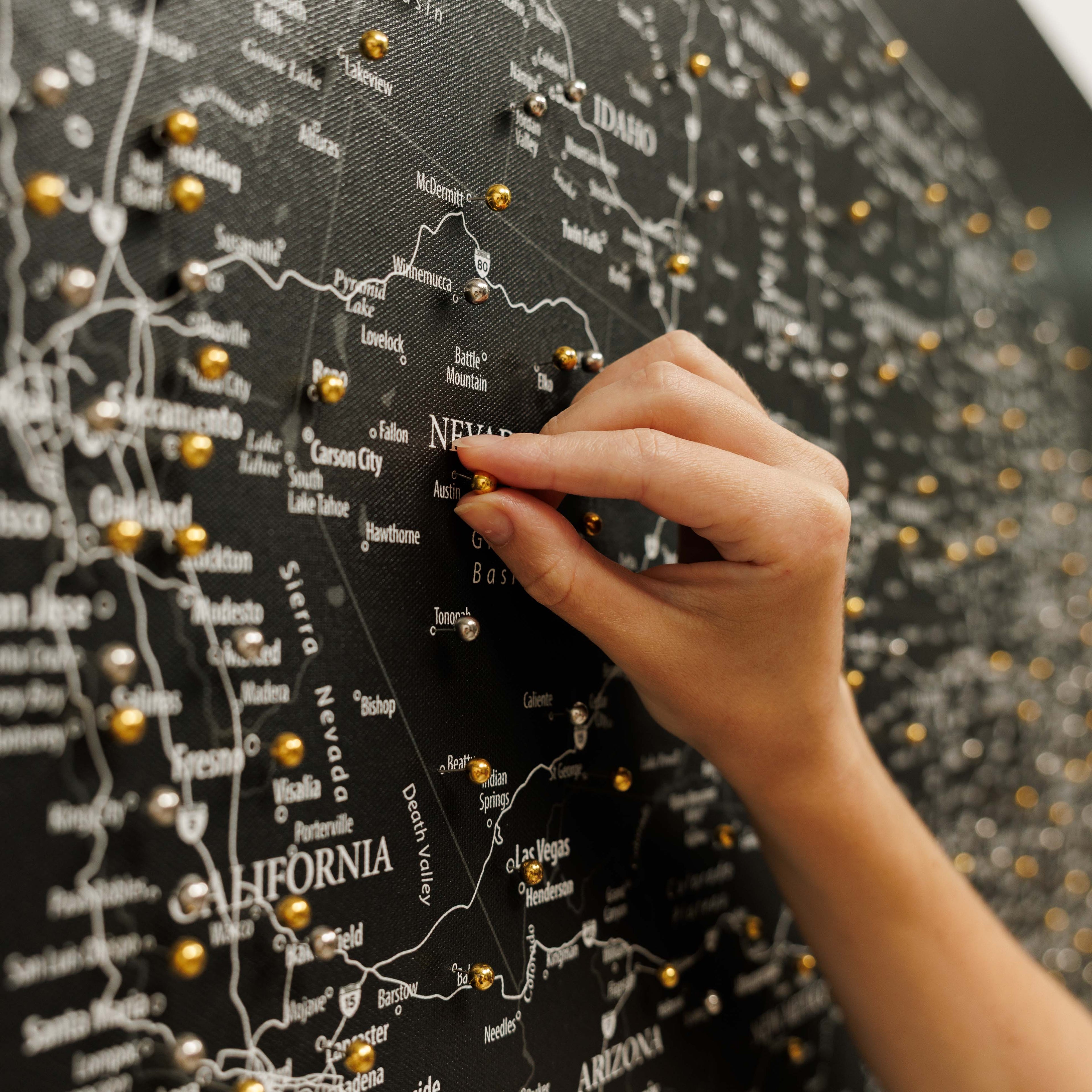 Black Wooden USA Map Canvas Wall Art for Travel Push Pins