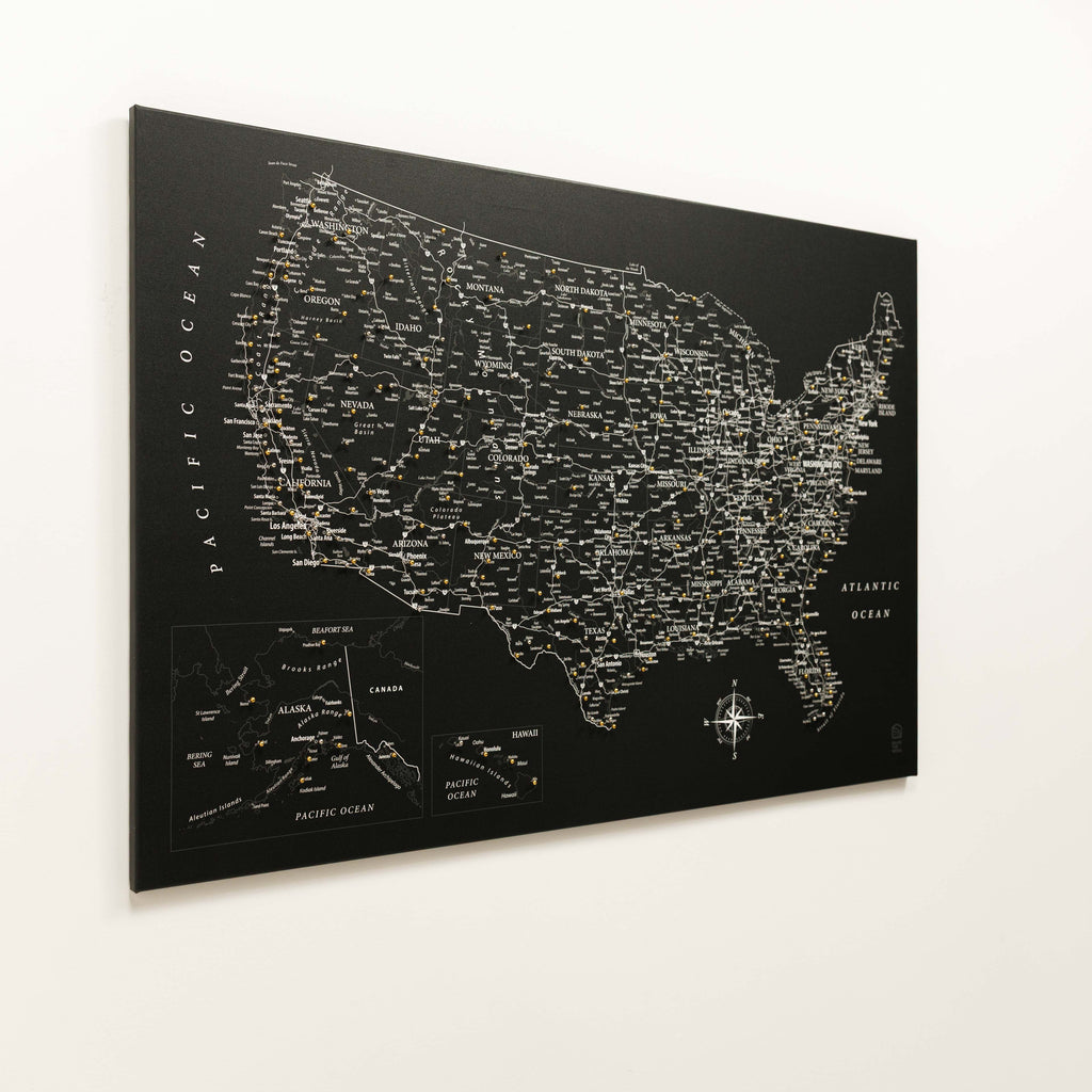 Black Wooden USA Map Canvas Wall Art for Travel Push Pins