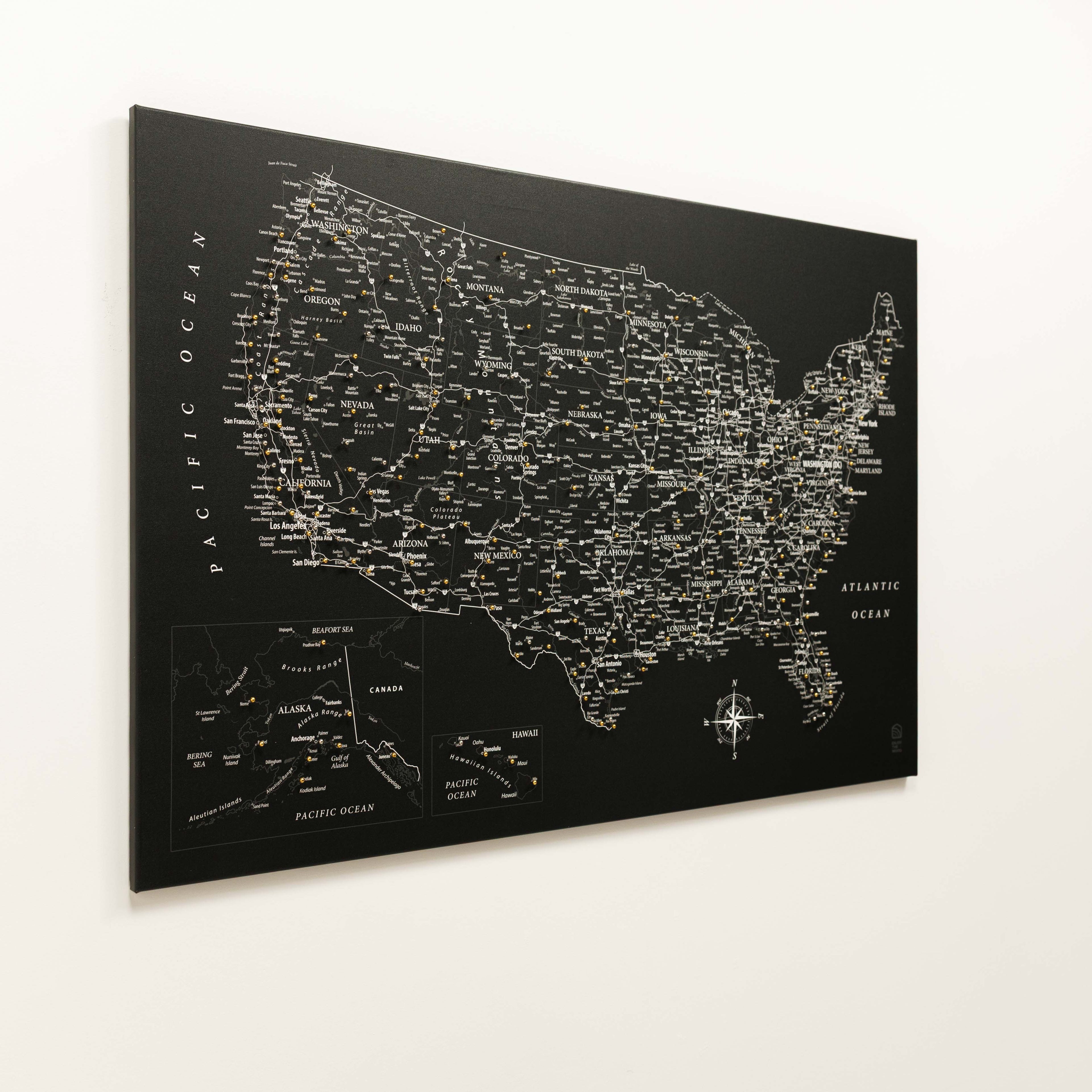 Black Wooden USA Map Canvas Wall Art for Travel Push Pins