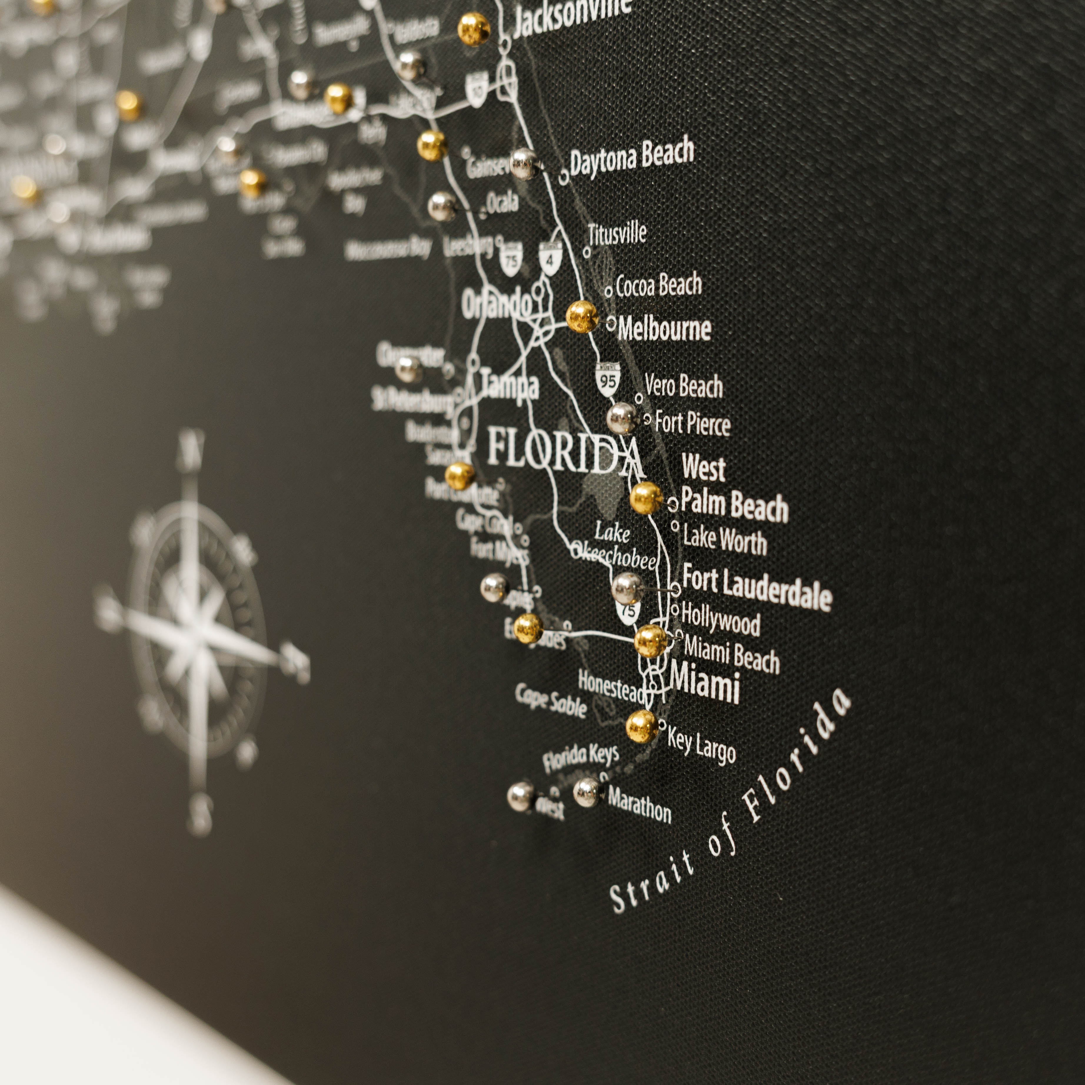 Black Wooden USA Map Canvas Wall Art for Travel Push Pins