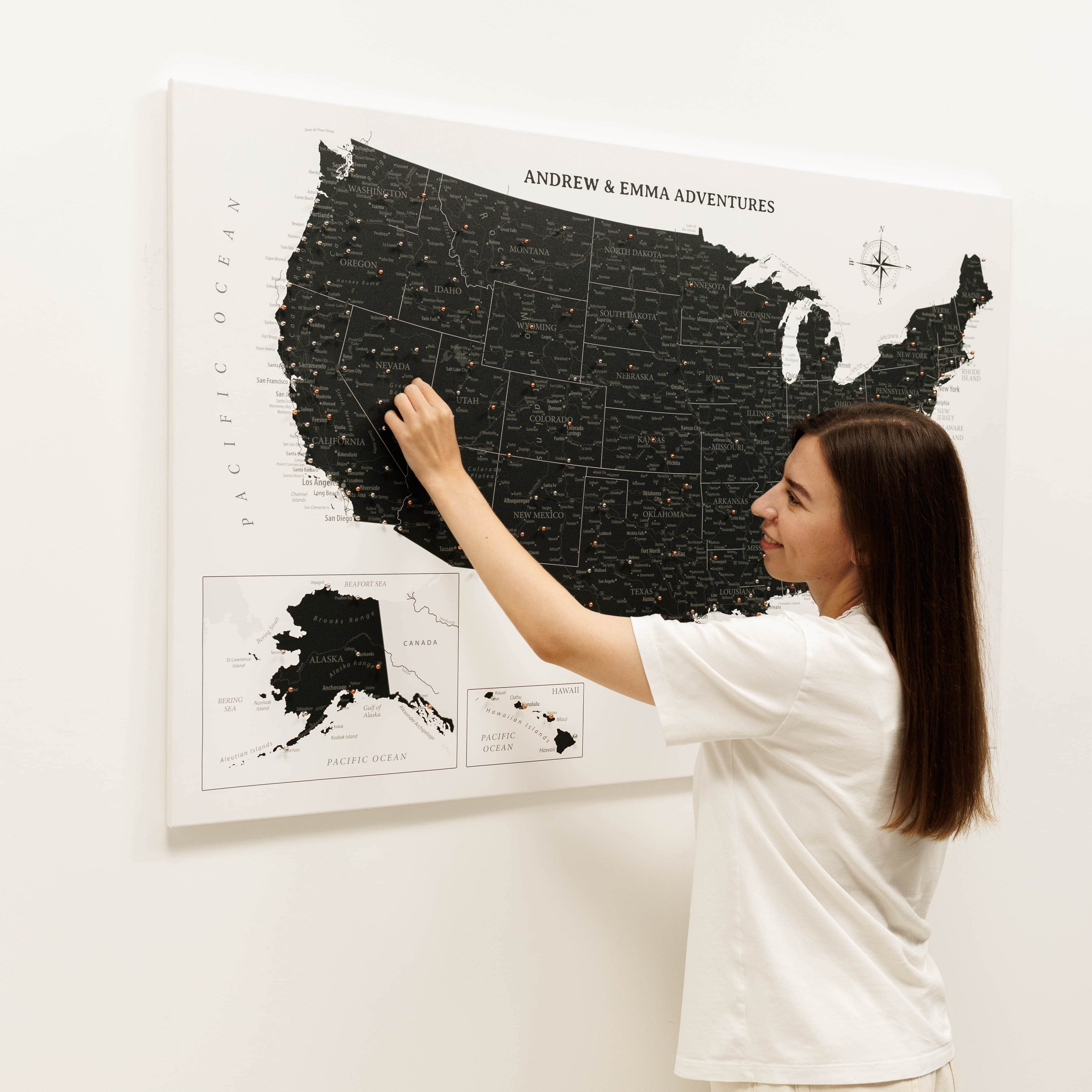 Modern Onyx wooden canvas USA map featuring bold contrast and precise detail