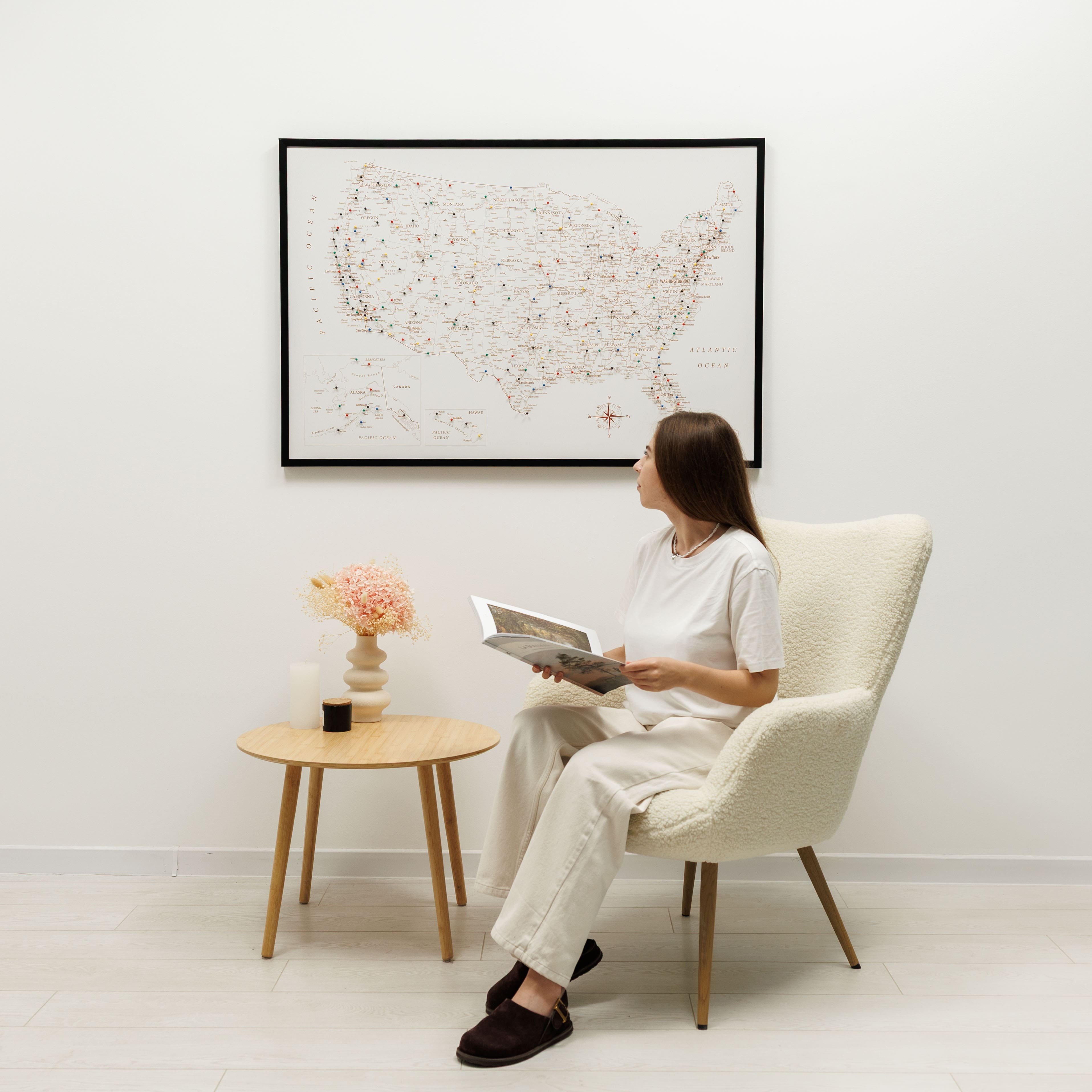 Minimalist Wooden Canvas USA Map in Beige