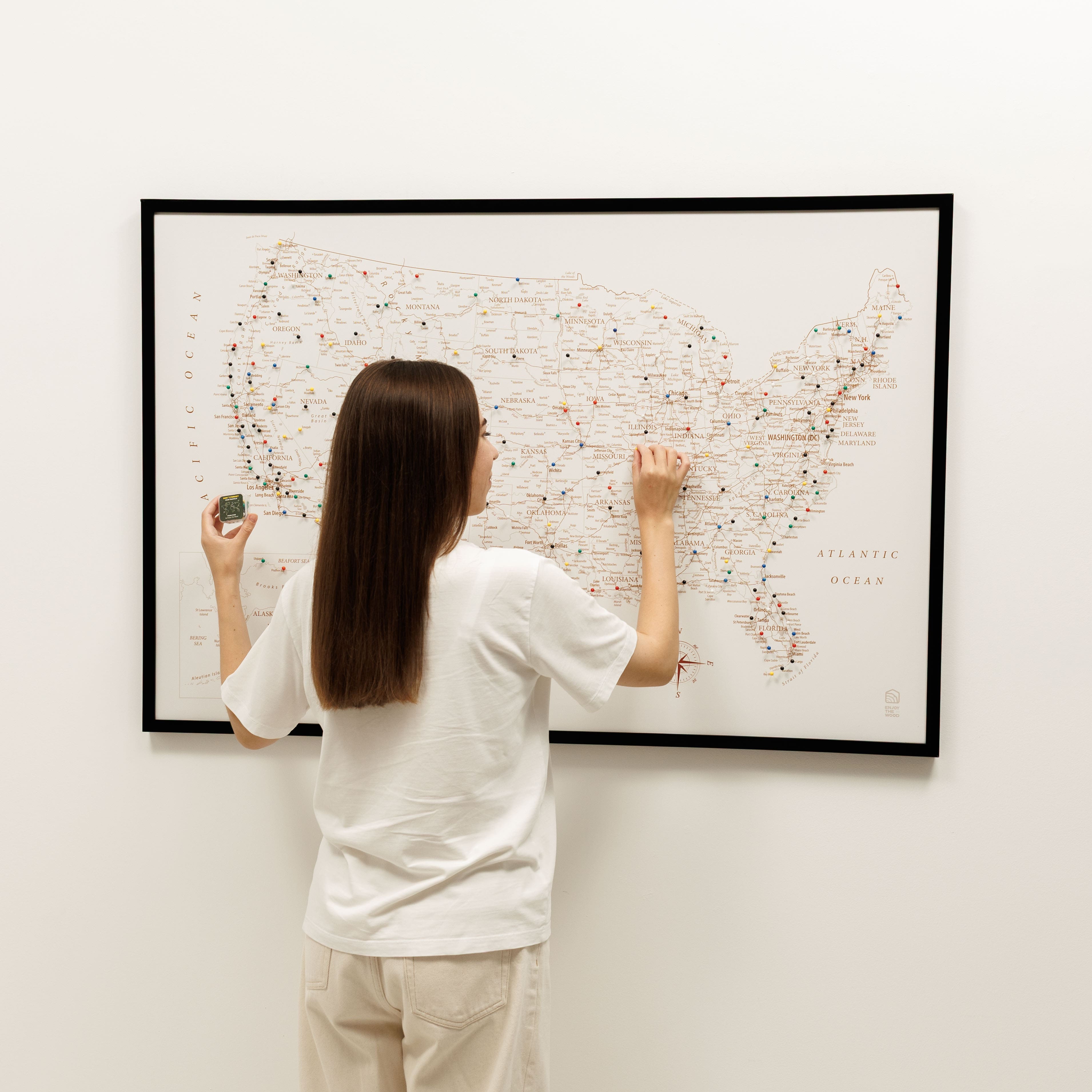 Minimalist Wooden Canvas USA Map in Beige