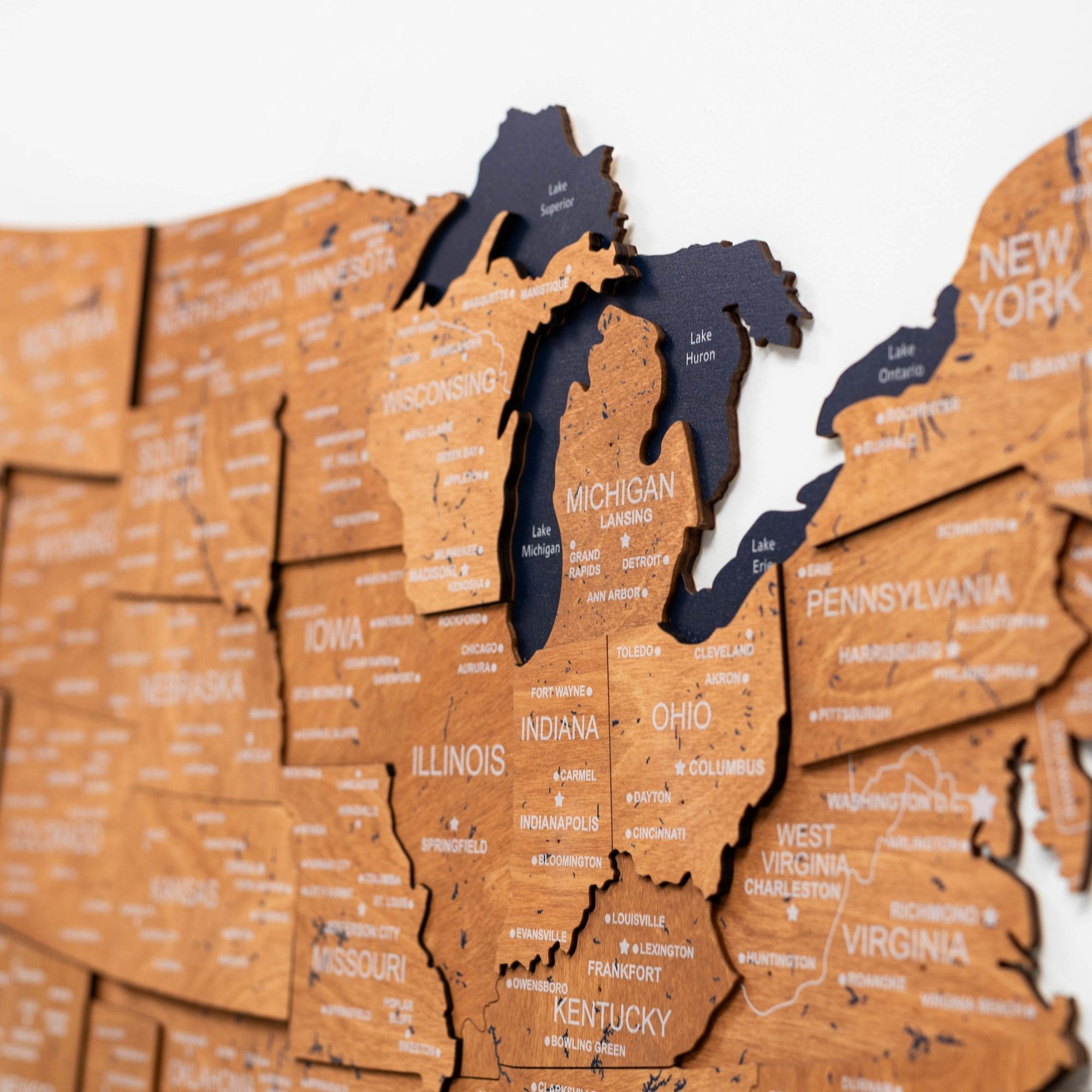3D Wooden USA Map Wall Art - Oak Finish Home Decor
