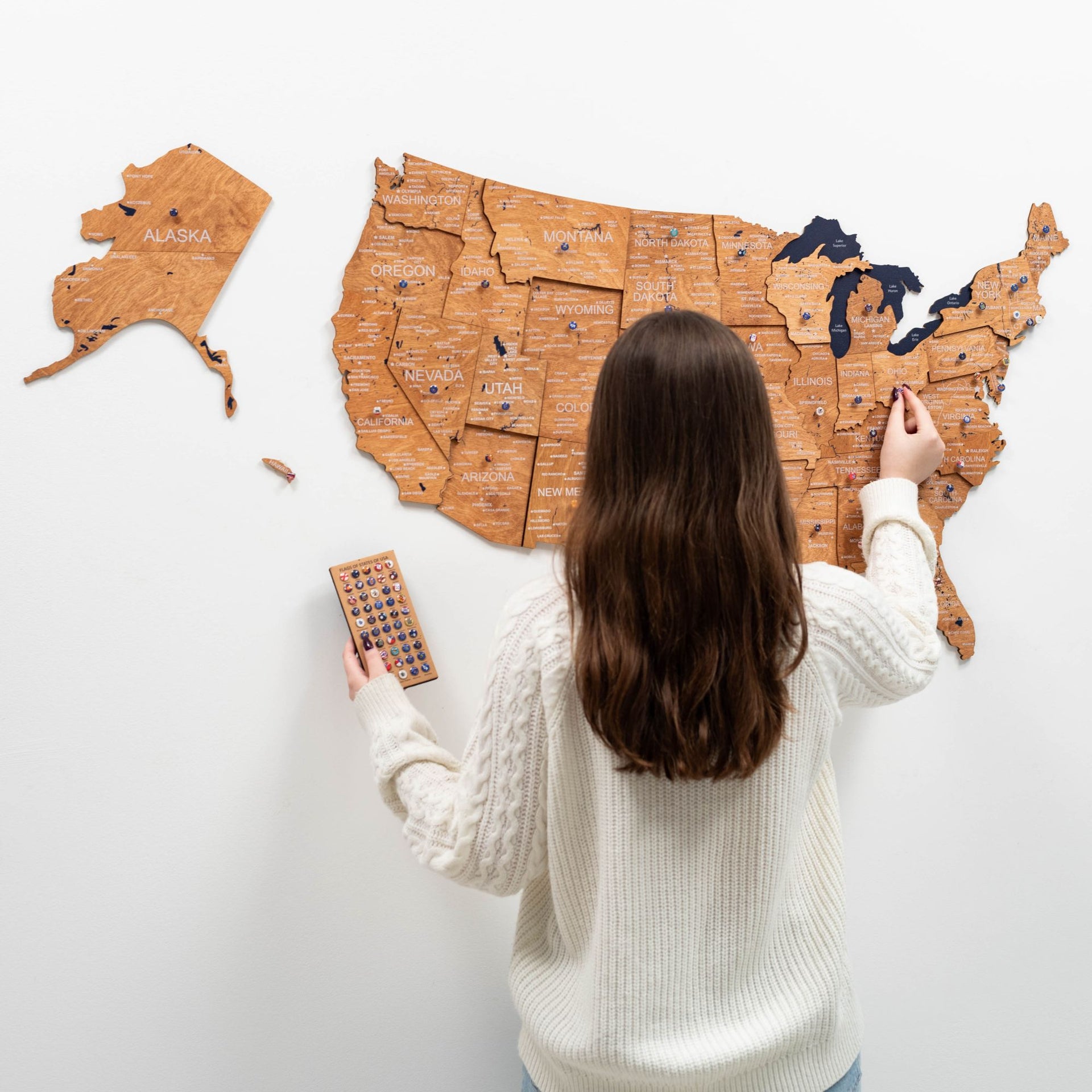 3D Wooden USA Map Wall Art - Oak Finish Home Decor