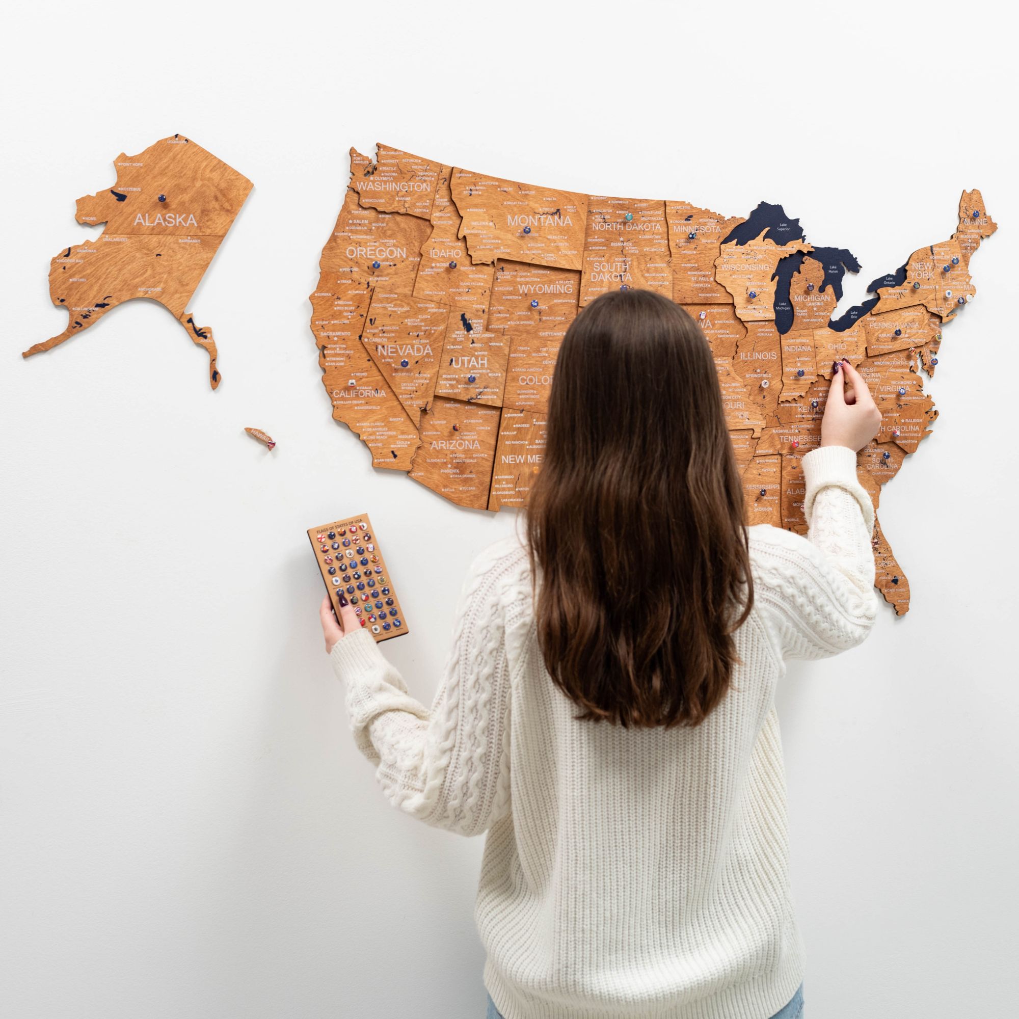 3D Wooden USA Map Wall Art - Oak Finish Home Decor