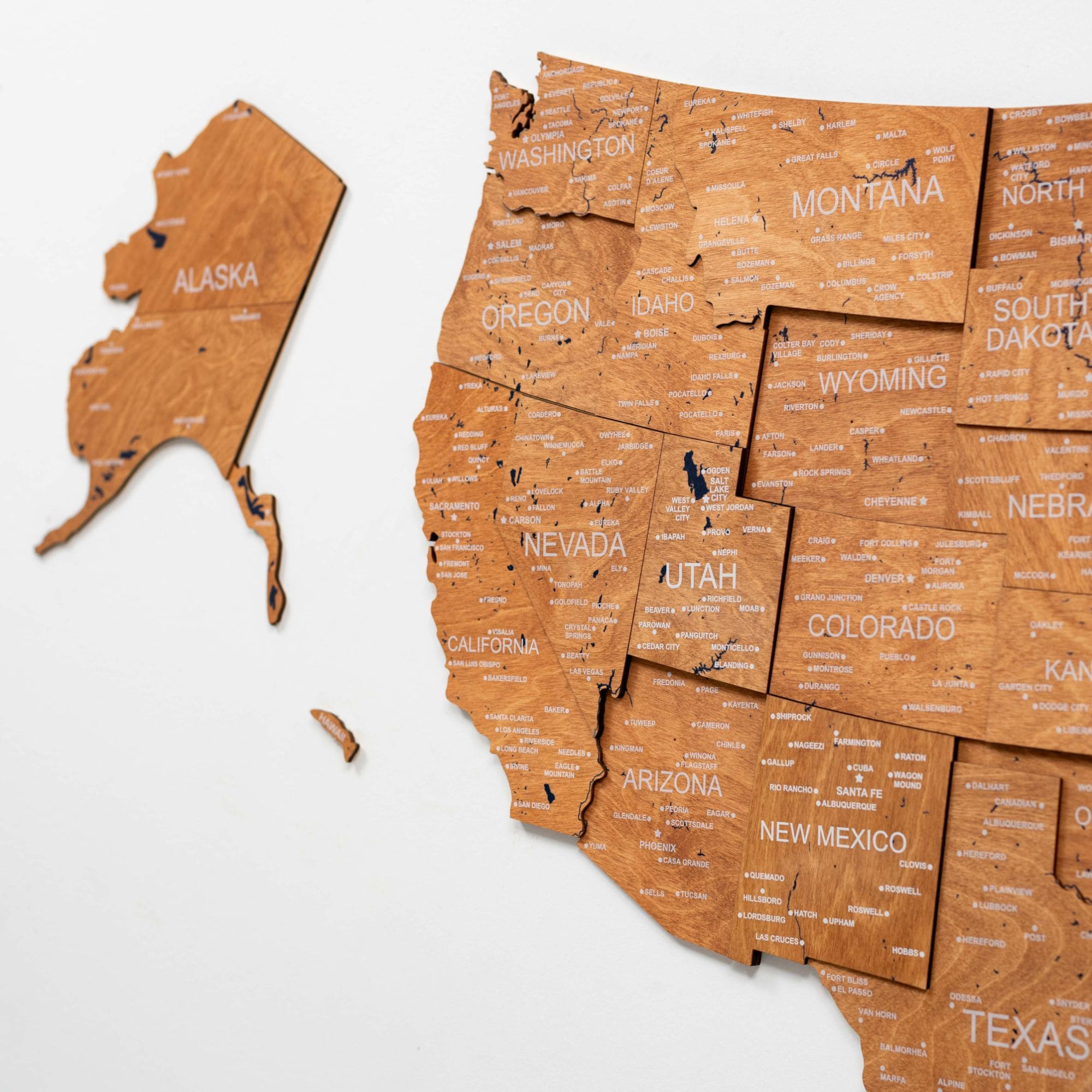 3D Wooden USA Map Wall Art - Oak Finish Home Decor