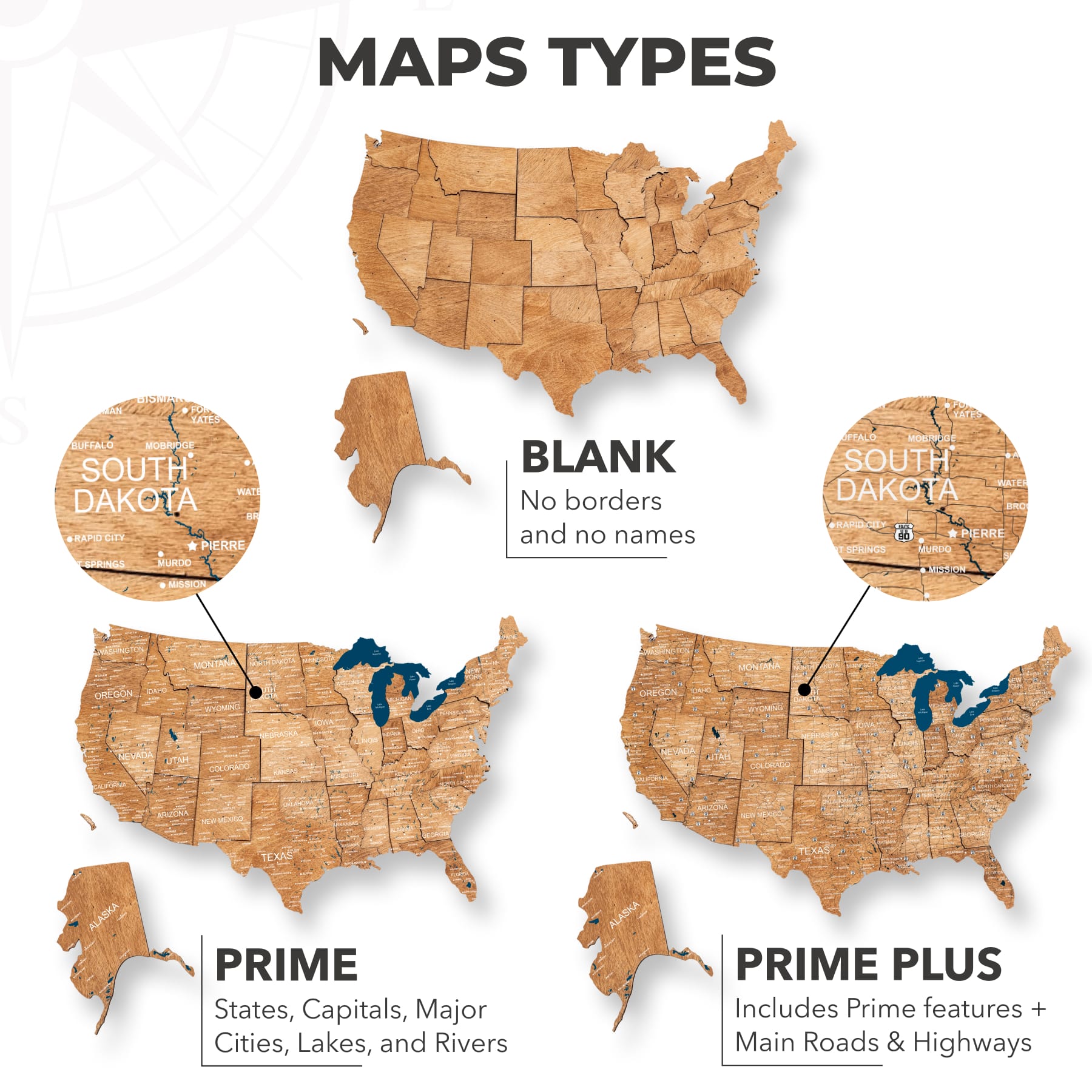 3D Wooden USA Map Wall Art - Oak Finish Home Decor