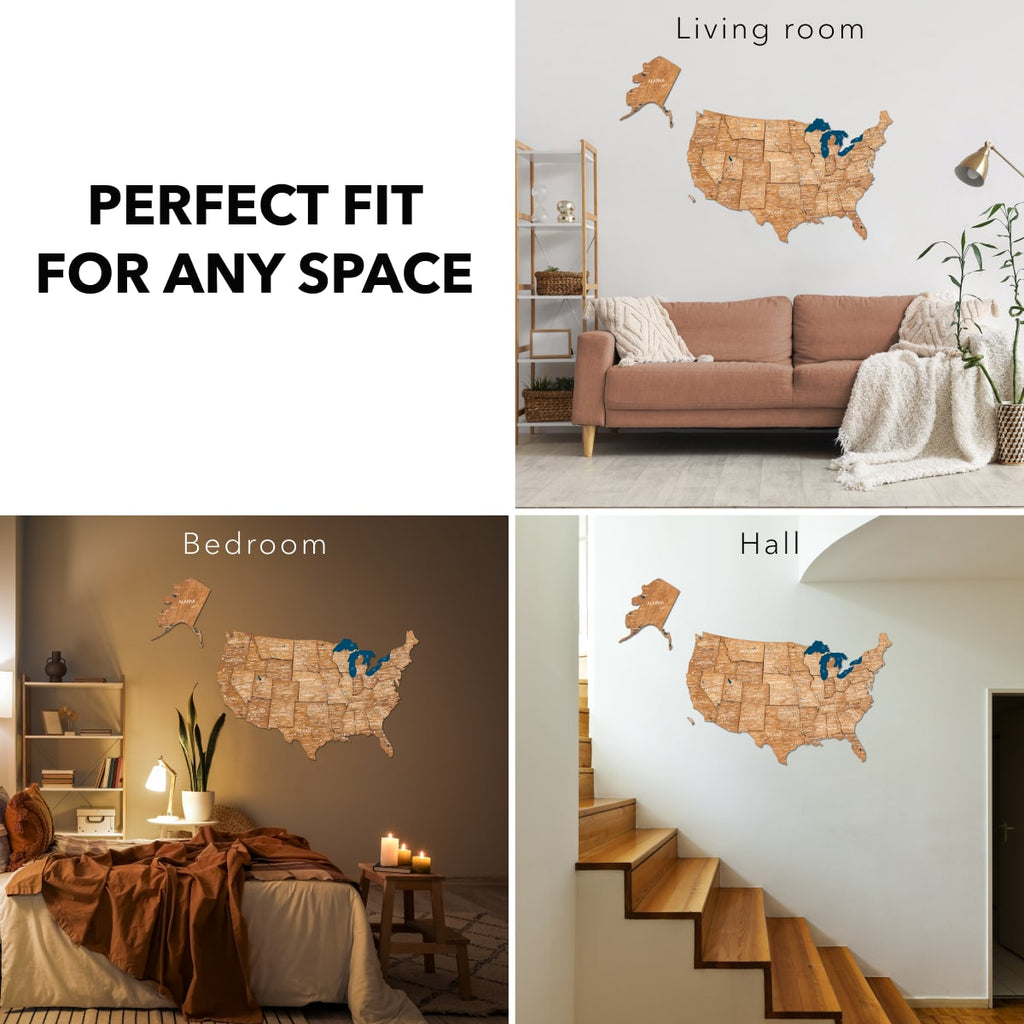 3D Wooden USA Map Wall Art - Oak Finish Home Decor