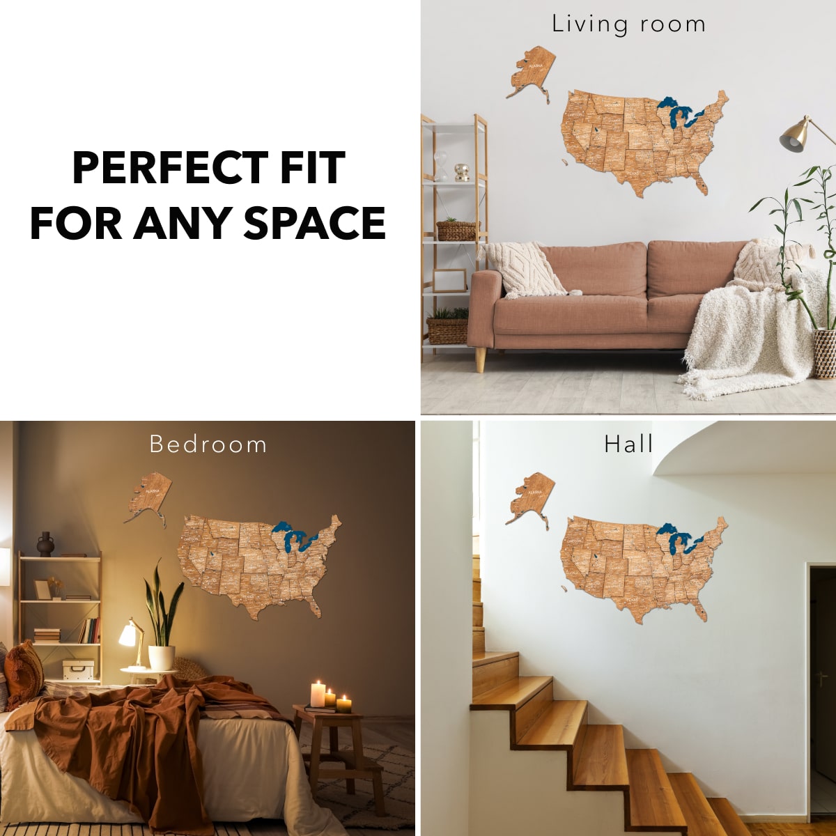 3D Wooden USA Map Wall Art - Oak Finish Home Decor