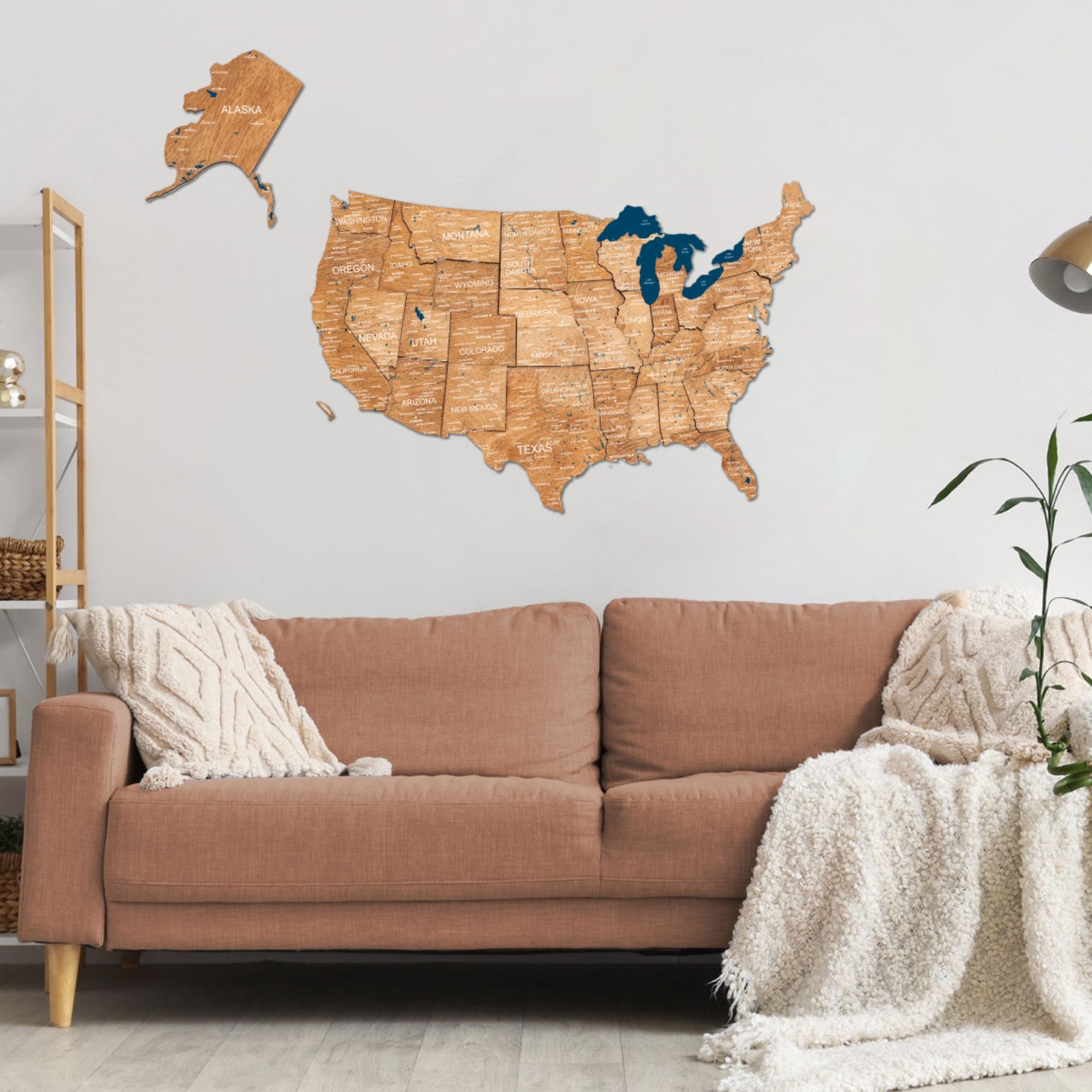 3D Wooden USA Map Wall Art - Oak Finish Home Decor