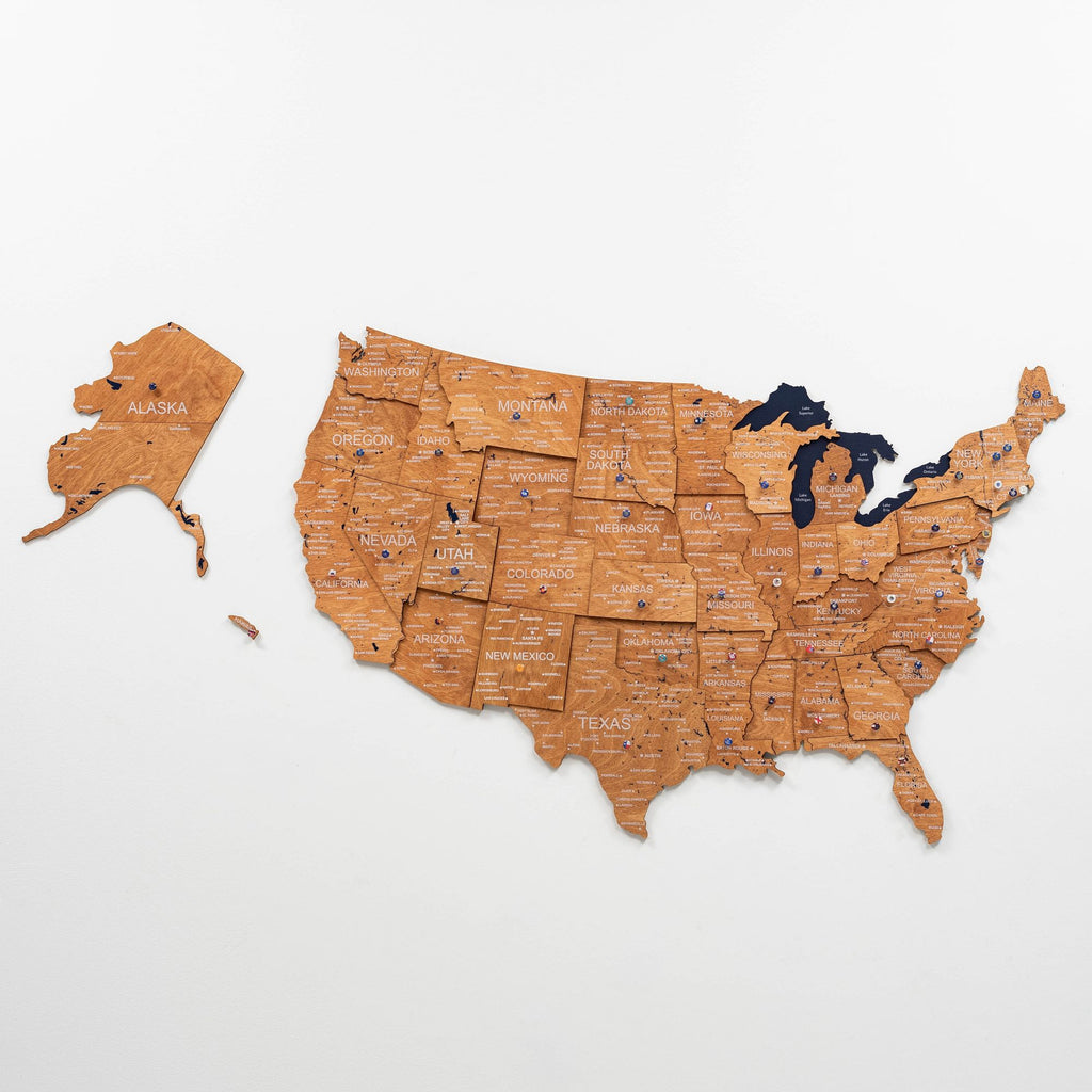 3D Wooden USA Map Wall Art - Oak Finish Home Decor