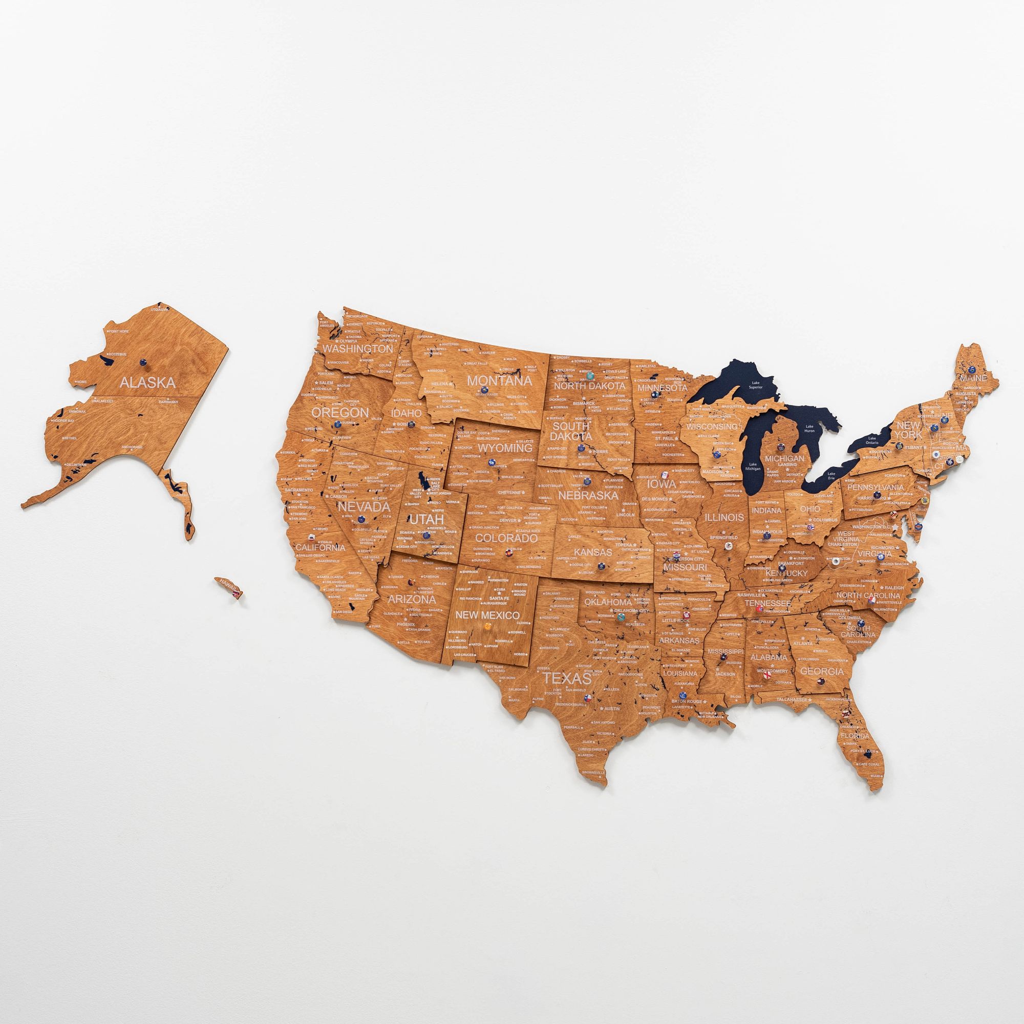 3D Wooden USA Map Wall Art - Oak Finish Home Decor