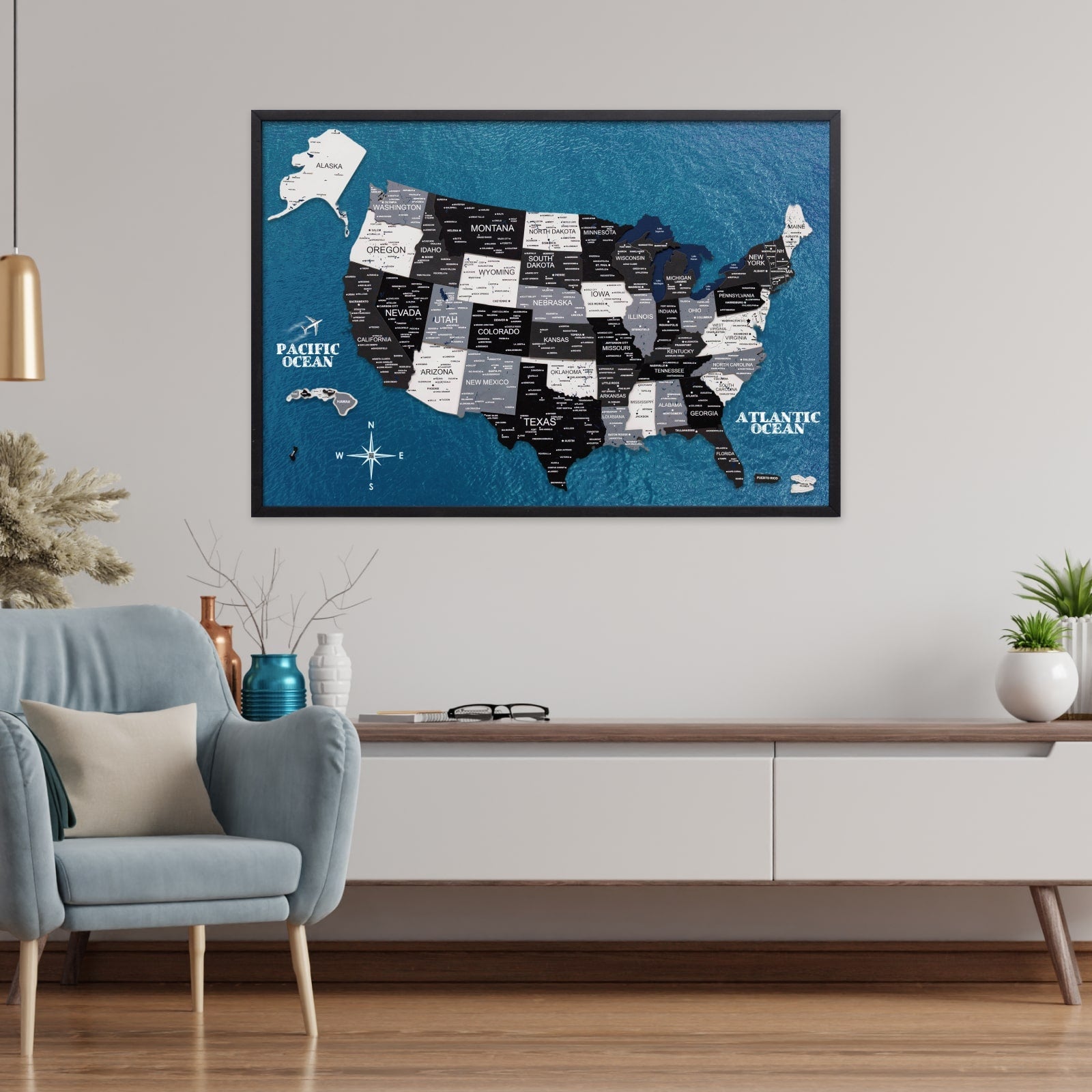 3D Wooden USA Map Wall Art Large Format Modern Minimalist Decor